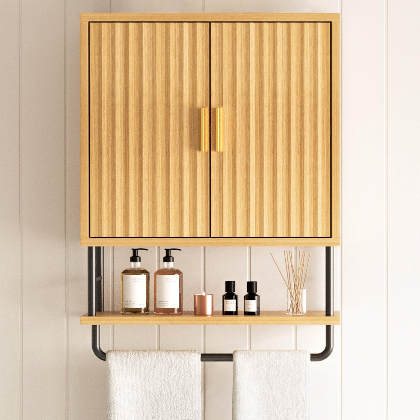 MIRICHY Bathroom Wall Cabinet, Fluted Medicine Cabinet Wall Mounted with 2 Doors & Shelf, Towel Rack Over The Toilet Storage for Bathroon, Kitchen, Bedroom & Laundry, Natural Small