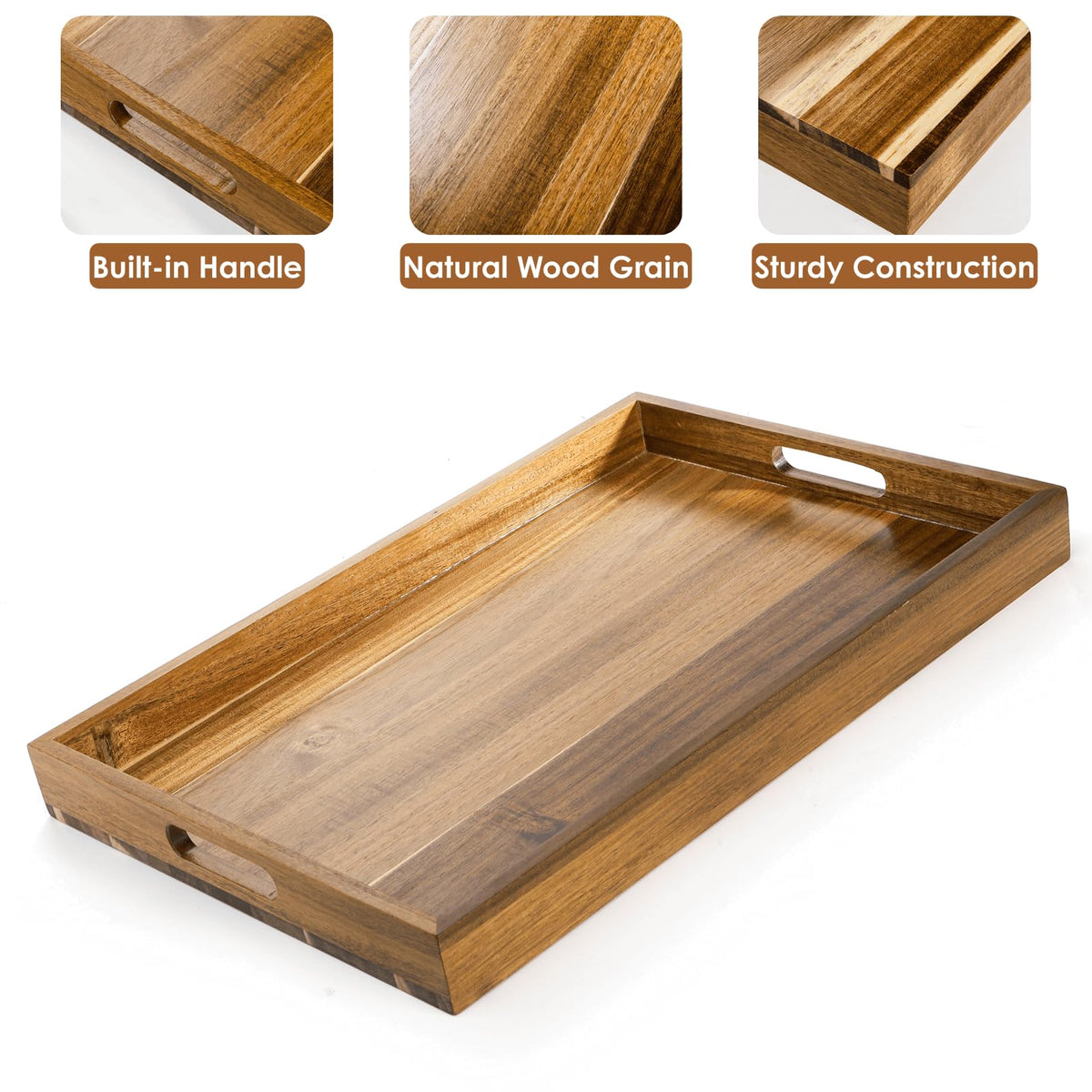 YOUEON 2 Pack 44x30cm Acacia Wood Serving Tray with Handles, Large Wooden Tray for Ottoman, Breakfast in Bed, Dinner, Coffee Table, Perfect for Living Room, Bedroom