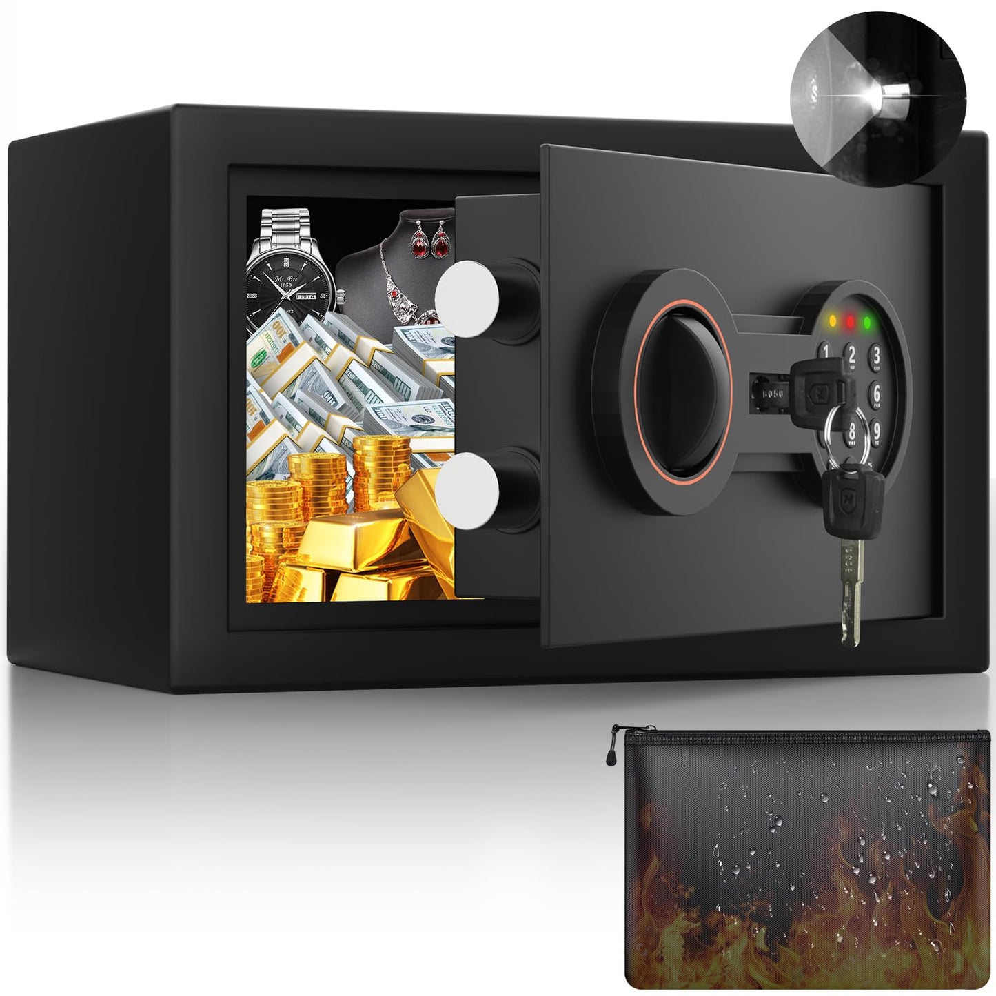 0.52 Cub Small Home Safe Box with LED Light, Dual Alarm System & Fireproof Waterproof Pouch, Digital Safe with Electronic Keypad, Override Keys, Bolt-Down Kit for Cash/Jewelry/Medicine