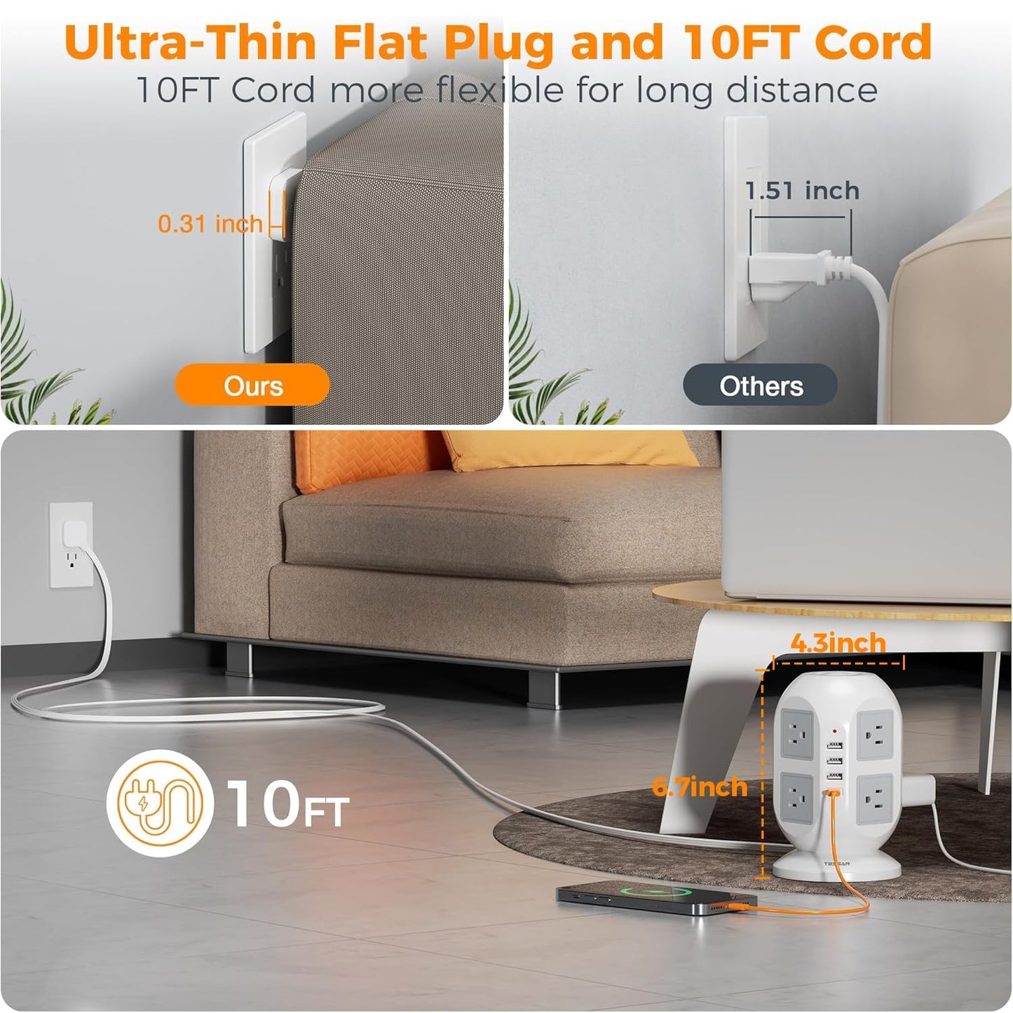 Flat Plug Tower Power Bars with Surge Protector, TESSAN 10 Ft Power Strip Extension Cord Indoor, Charging Station with 8 Multi Outlets, 4 USB Ports (1USB C), Home Office Dorm Room Supplies, Gray