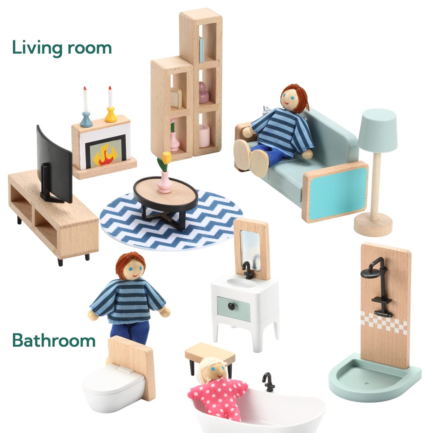 Giant bean 36pcs Wooden Plastic Dollhouse Furniture 5 Set with 4 Family Dolls, Blue Dollhouse Accessories Pretend Play Furniture Toys for Boys Girls & Toddlers 3Y+, Christmas Birthday Gift for Kids