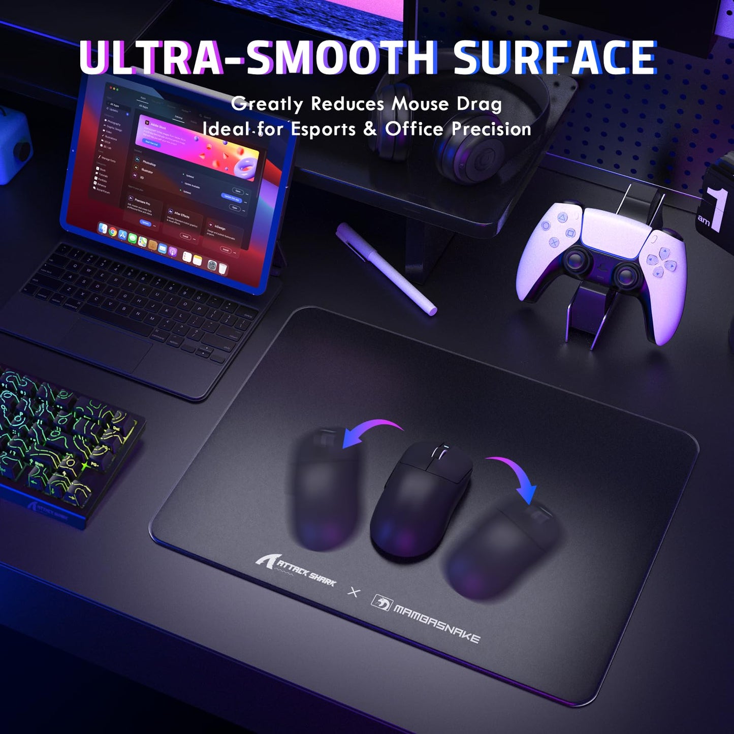 Attack Shark CM05SE Glass Gaming Mousepad,Nano-Micro-Etched Texture,Smooth Glass Surface,High Accuracy,Fast-Moving,Anti-Scratch, PU Leather Super Non-Slip Base,Small Size(410×310mm),Black