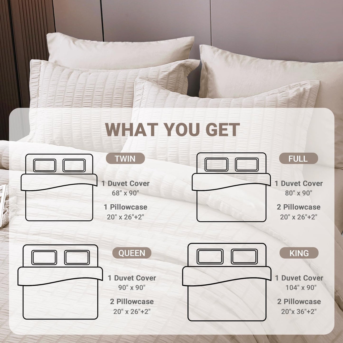 HYMOKEGE Beige Duvet Cover Queen Size, Ultra Soft 3-Piece Seersucker Duvet Cover Set with Zipper Closure, Soft Brushed Microfiber Bedding Set with 8 Corner Ties (90"x90", 2 Pillowshams)