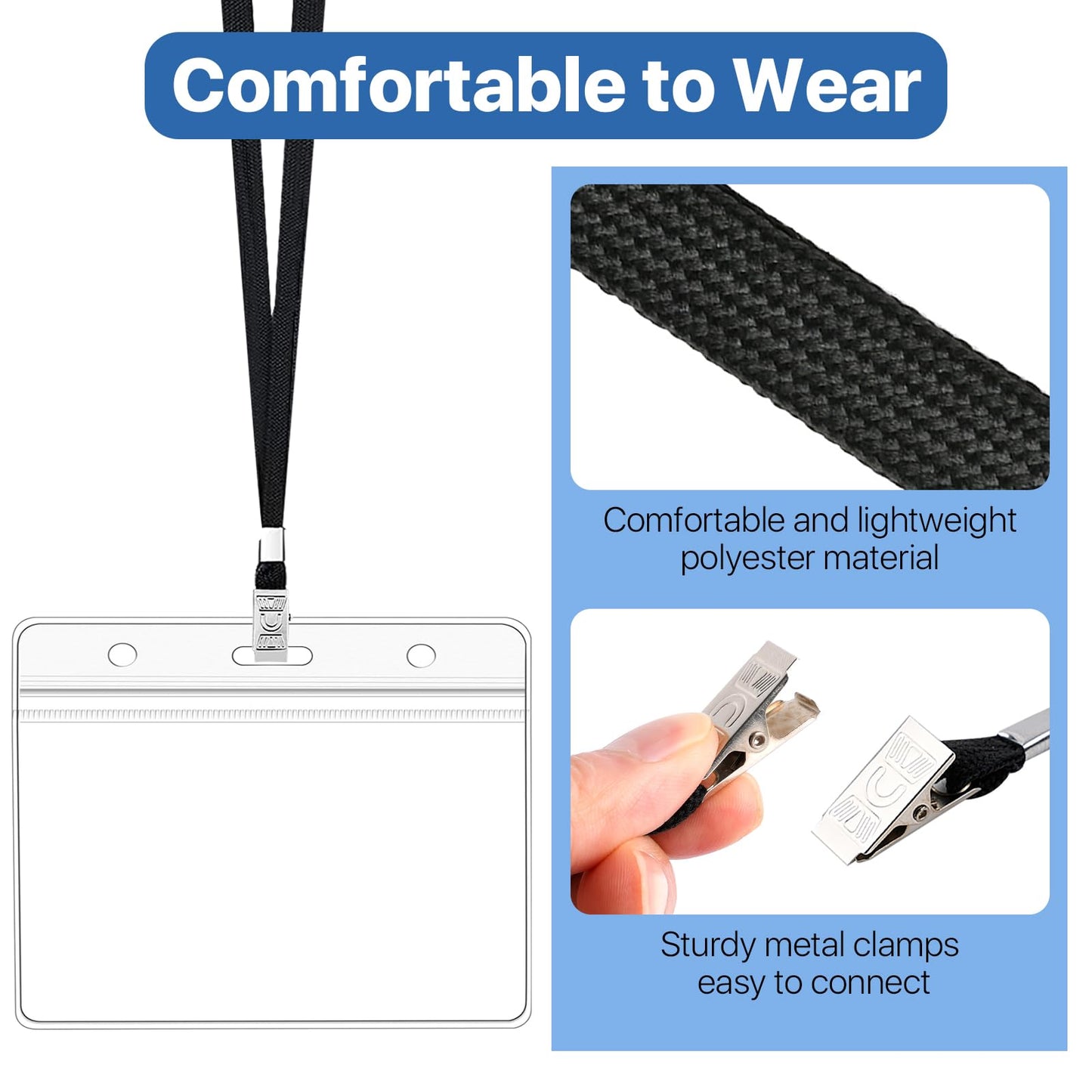 Lainballow 160 Pcs Lanyard with ID Holder, 80 Pcs Clear Plastic Horizontal Name Tag Holder with 80 Pcs Black Flat Neck Badge Lanyard, Badge Holder with Lanyards for Business Office School