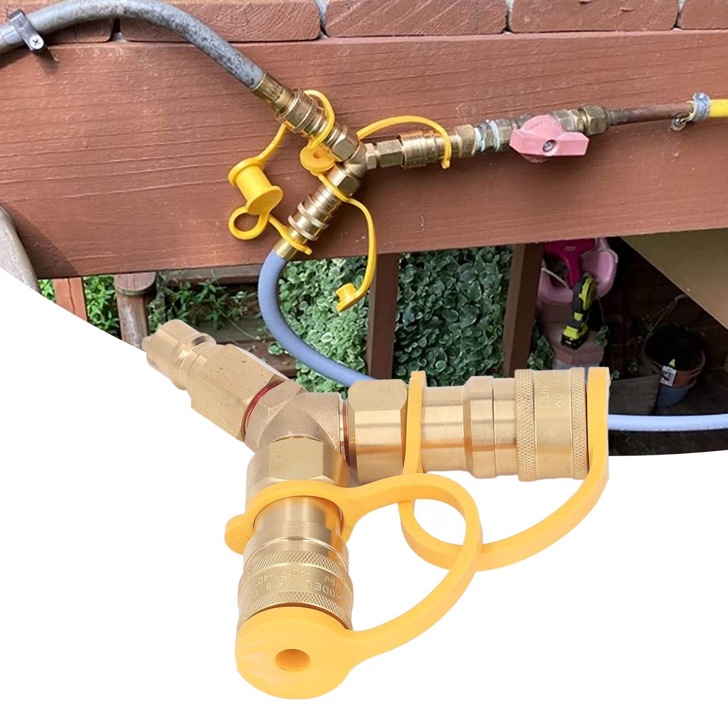 3/8" Natural Gas Quick Connect Y Splitter with Brass 2 Way Adapter - Safe Auto Close Propane Splitter for Gas Grills, Patio Heater, Pizza Oven & RV Generator Use,Natural Gas Conversion Kit