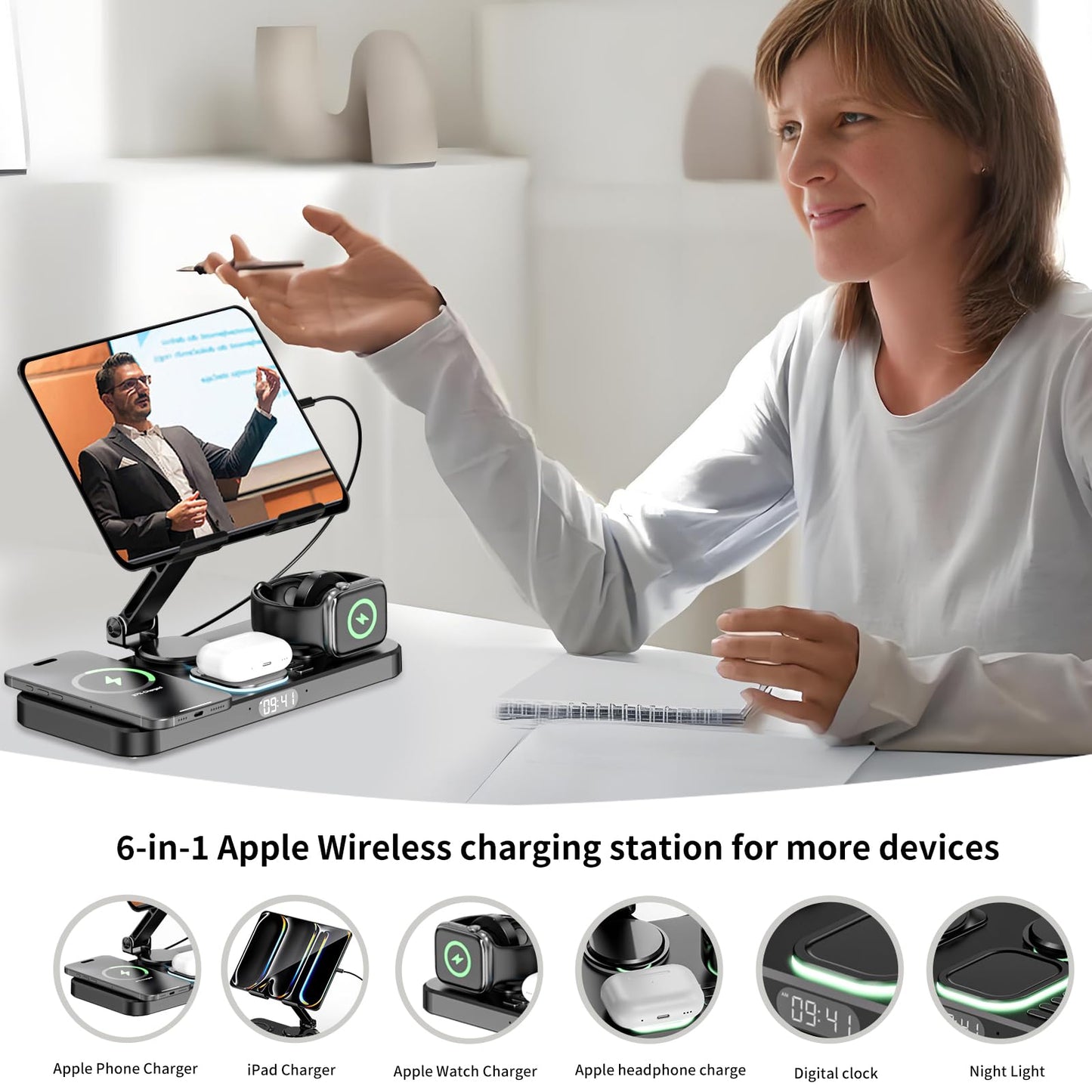 6 in 1 Wireless Charger Compatible for Apple Devices, iPad Charging Station with Digital Time & Night Light for iPhone 17/16/15/14/iWatch/Air-pods/iPad/Tablet Stand Holder