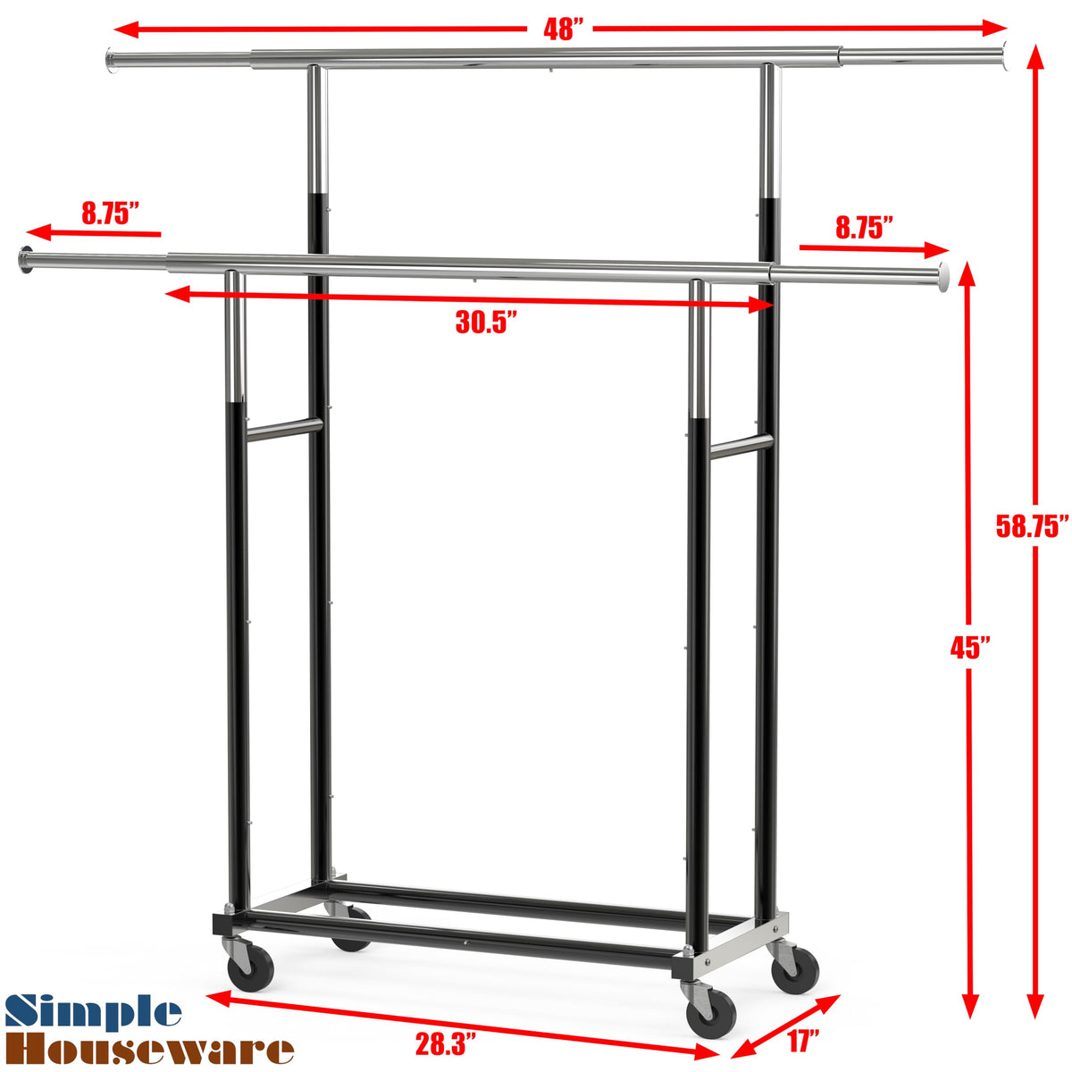 Simple Houseware Standard Double Rods Clothes Hanging Rack on Wheels - Expandable Metal Garment Rack, Black