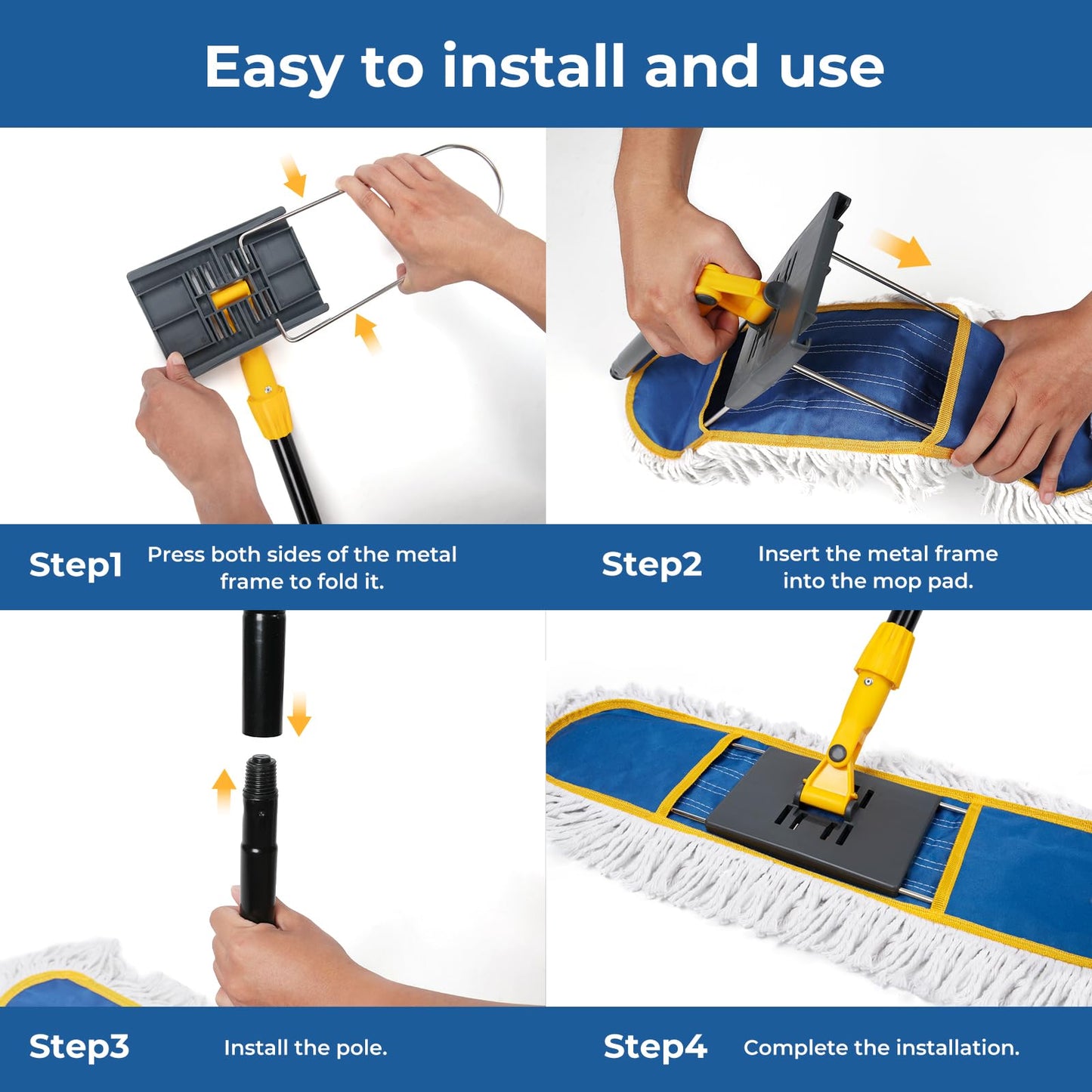 24" Dust Mop for Floor Cleaning, Large Areas Dry & Wet Mop with 2 Washable Cotton Pads, Efficiently Picks Up Pet Hair & Dust for Hardwood, Tile, Laminate, Patio