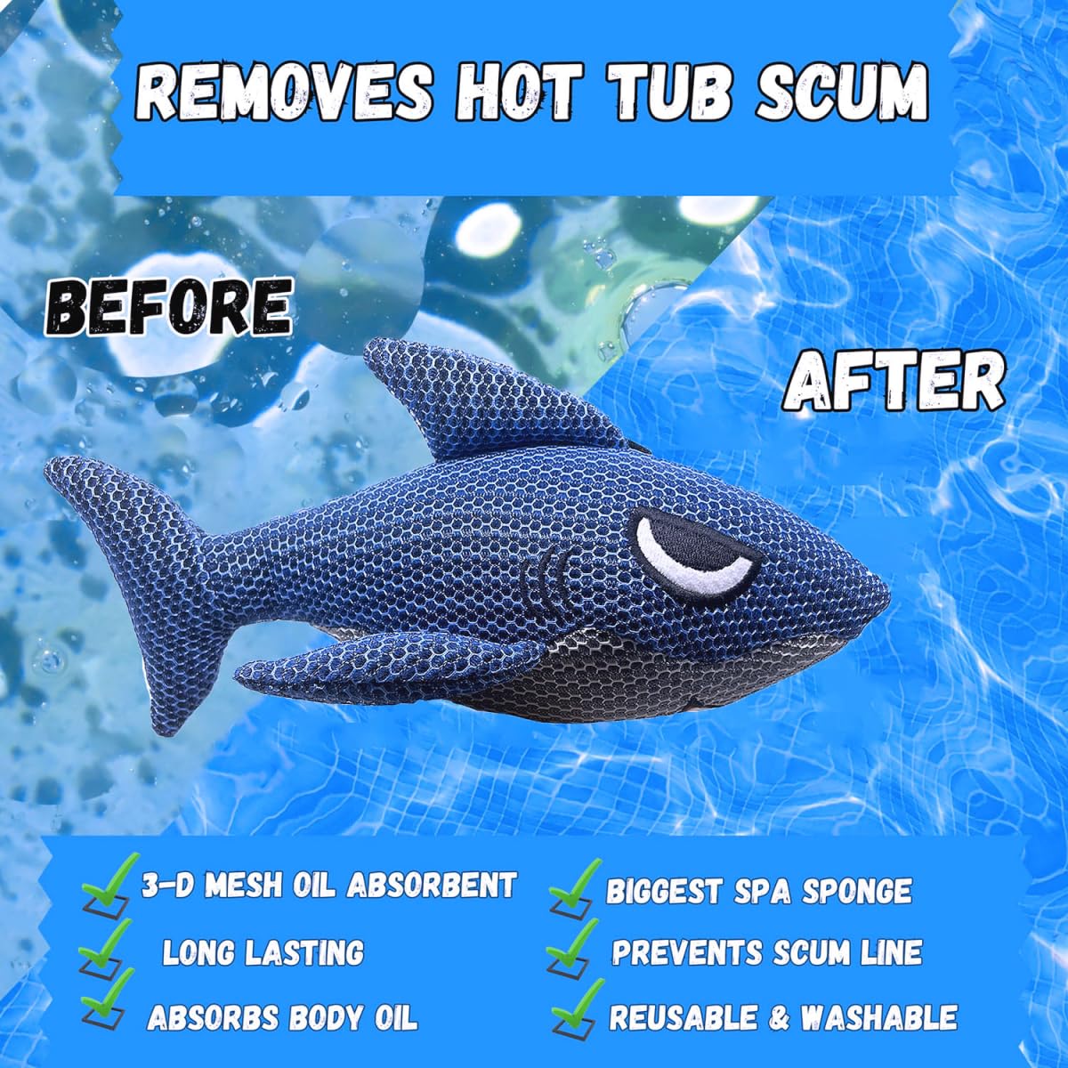 Hot Tub Scum Absorber Shark-2 Pack Hot Tub Cleaner Hot Tub Sponges Scum Collector，Keeps Water Clear for Adults Reusable Pool Scum Absorber