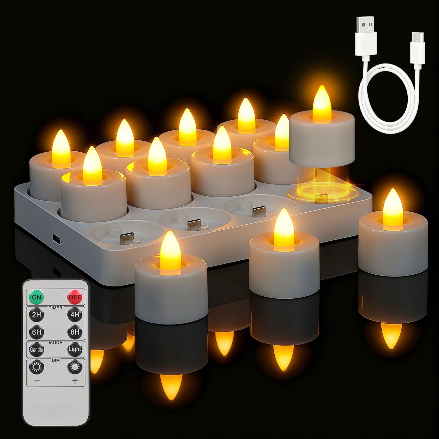 Ropelux 12 Rechargeable Tea Lights with Charging Base,Realistic Flickering Dimmable LED Candles with Remote Control Timer in Warm Yellow for Christmas,Weddings, Parties, Festivals (12 Pack)