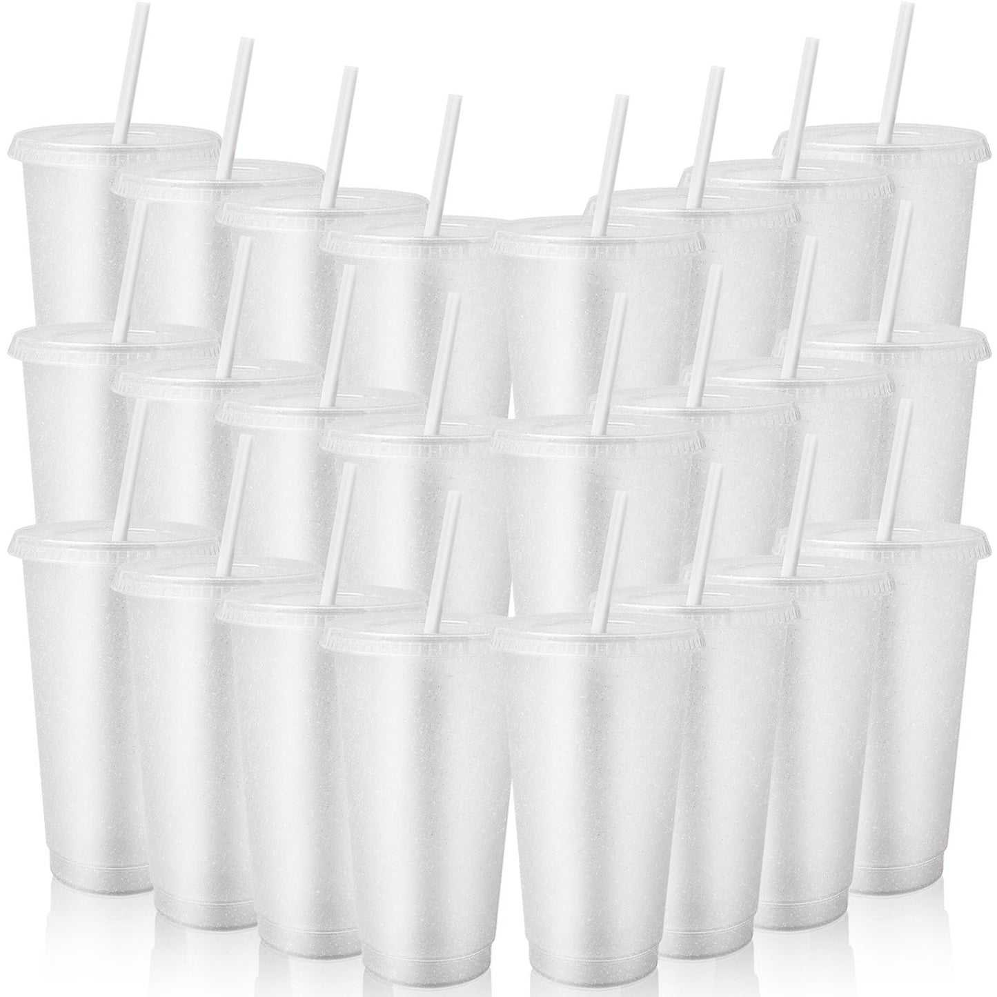 24 Pcs Plastic Glitter Cups with Lids and Straws,24 oz Reusable Tumbler Bulk Water Bottle Iced Coffee Cup Travel Mug for Smoothie Juices Birthday Party Supplies (White)