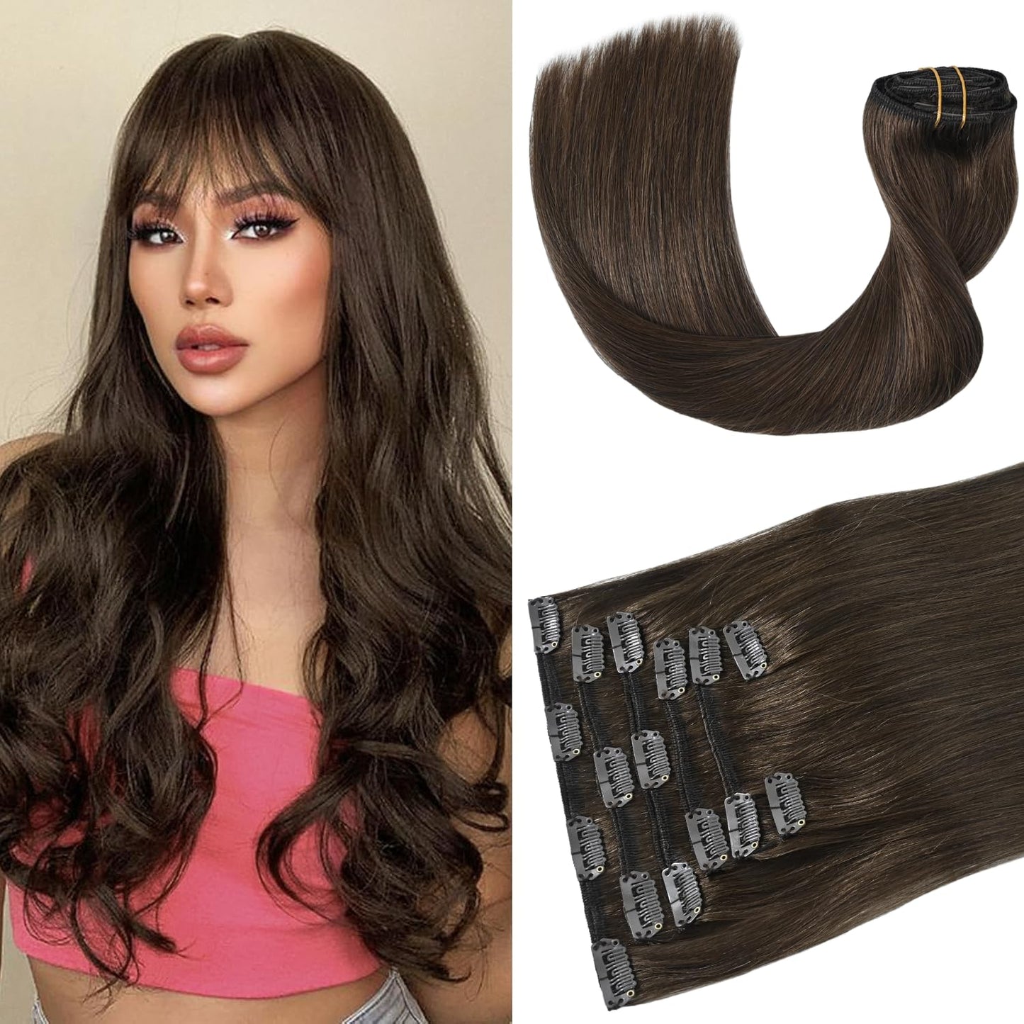 Medium Brown Clip in Hair Extensions Real Human Hair 70G Remy Human Hair Extensions Clip ins 7pcs 16clips for Women(18 Inch #4)