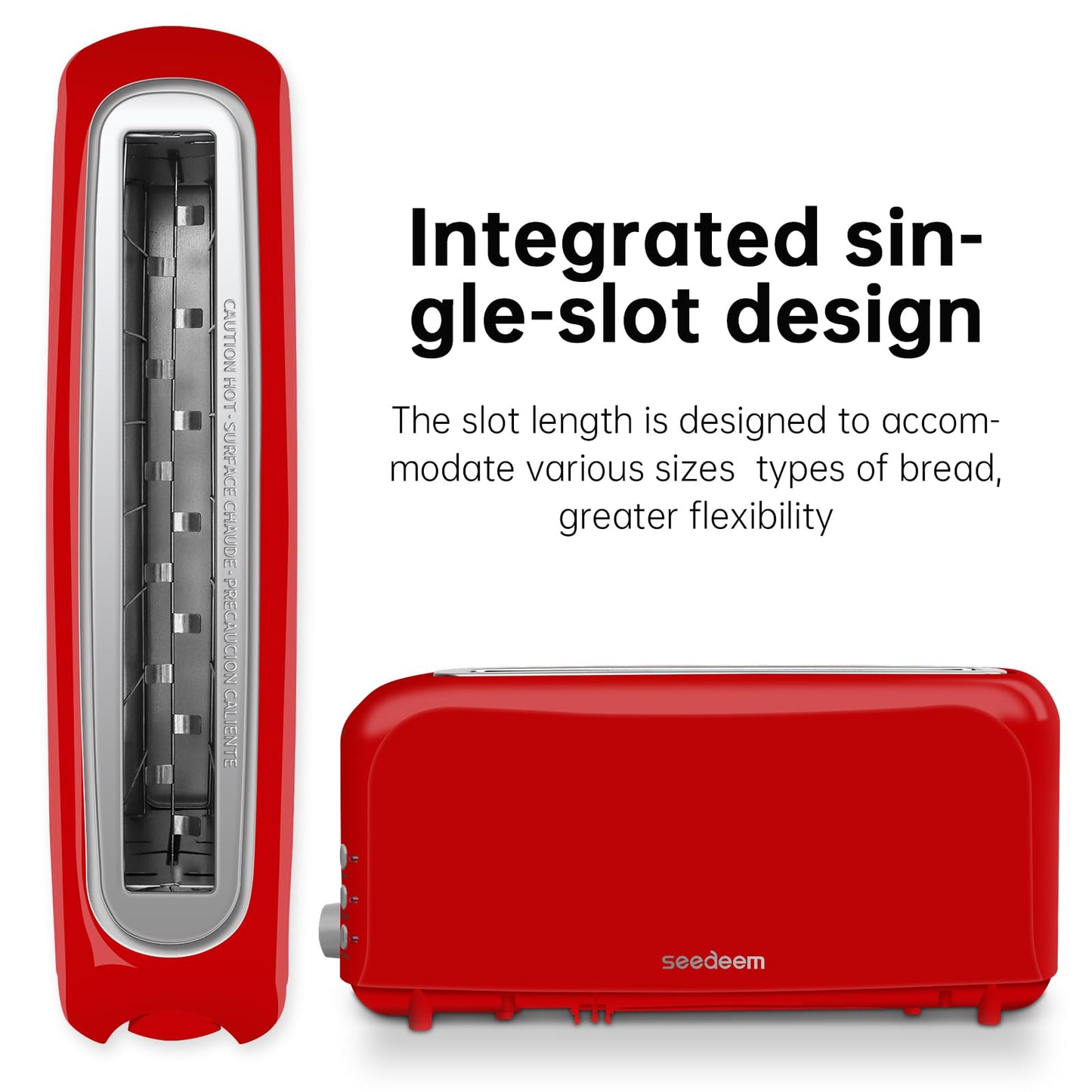 SEEDEEM 2 Slice Slim Toaster, Single 10" Long Slot Toaster Fits Bagels & Artisan Bread, 6 Shade Settings, Cancel/Reheat/Defrost, Removable Crumb Tray, Auto Shut-Off, Red