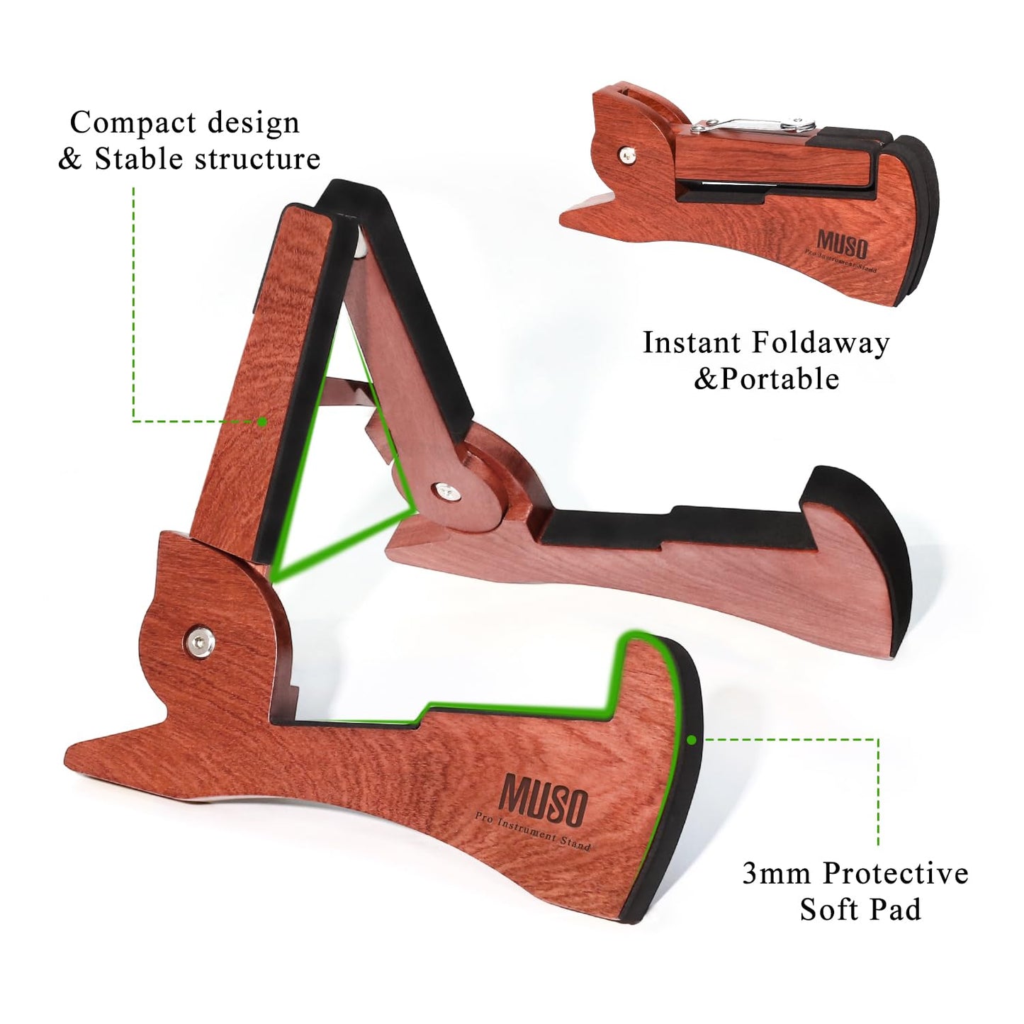 MUSO Folded Guitar Stand, Natural Wood, Rabbit-Shape, Lightweight and Portable, For Guitar, Bass,Ukulele, Banjo,Cello, Viola,Violin and Mandolin (Rose Wood)