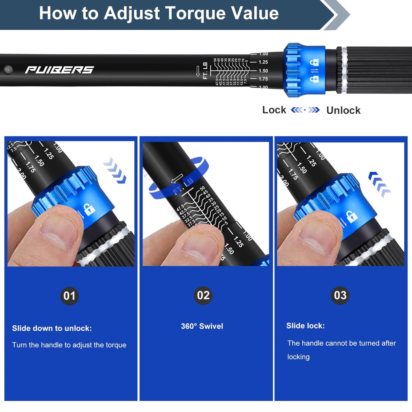 Puibers Torque Wrench 3/8 Drive Click 5-50 FT.LB/6.8-67.8 Nm,Moto Torque Wrenches Dual-Direction Adjustable 72 Tooth ±3% Precision, Mechanical Tools for Bike Car and Moto