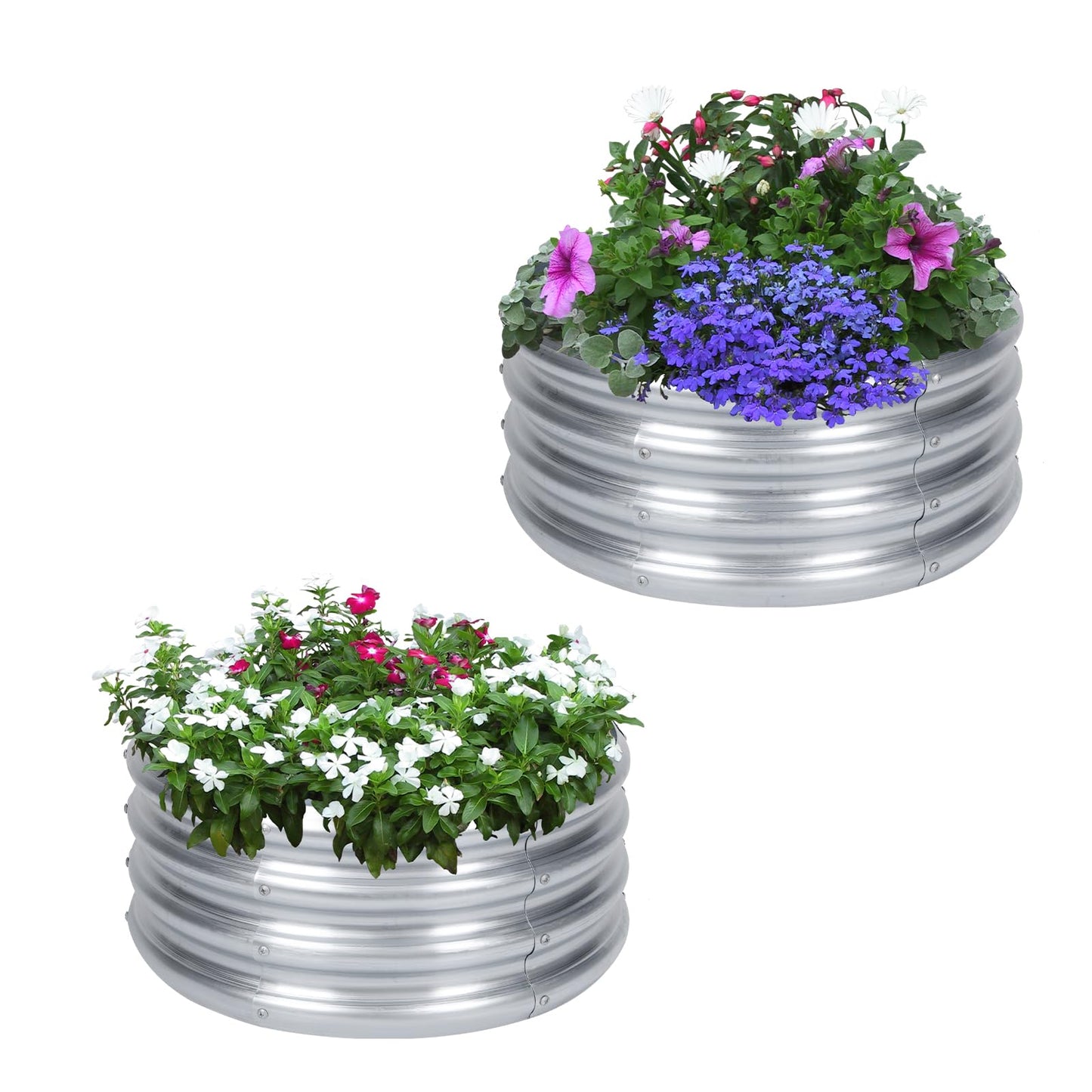 PINPON 2 Pack 2x2x1ft Round Galvanized Raised Garden Bed Outdoor, Silver Metal Planter Box for Vegetables, Herbs, Flowers
