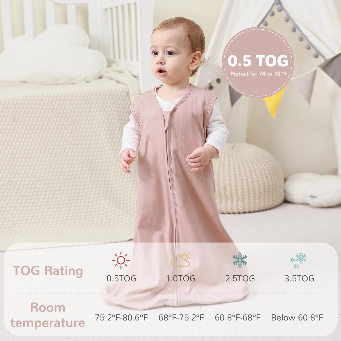 JELLYMONI Baby Sleep Sack 0-6 Months, 100% Cotton 3 Pack 0.5 TOG Baby Wearable Blanket Infant Sleep Sack with 4-Way Zipper Newborn Sleep Sacks