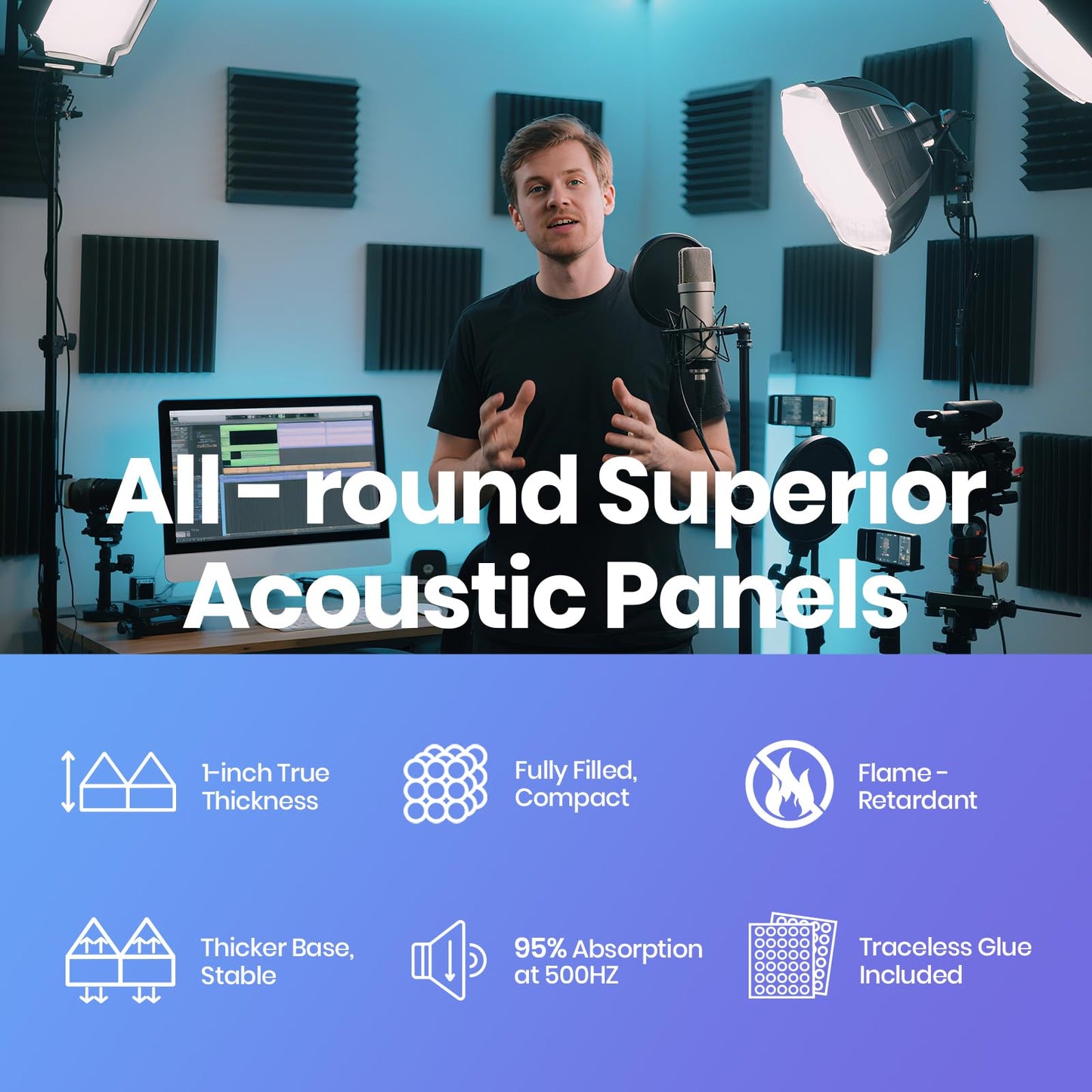 Focusound 50 Pack Acoustic Foam Panels 1" x 12" x 12" Sound Proof Foam Panles Soundproofing Noise Cancelling Wedge Panels for Home Office Recoding Studio with 300PCS Double-Side Adhesive