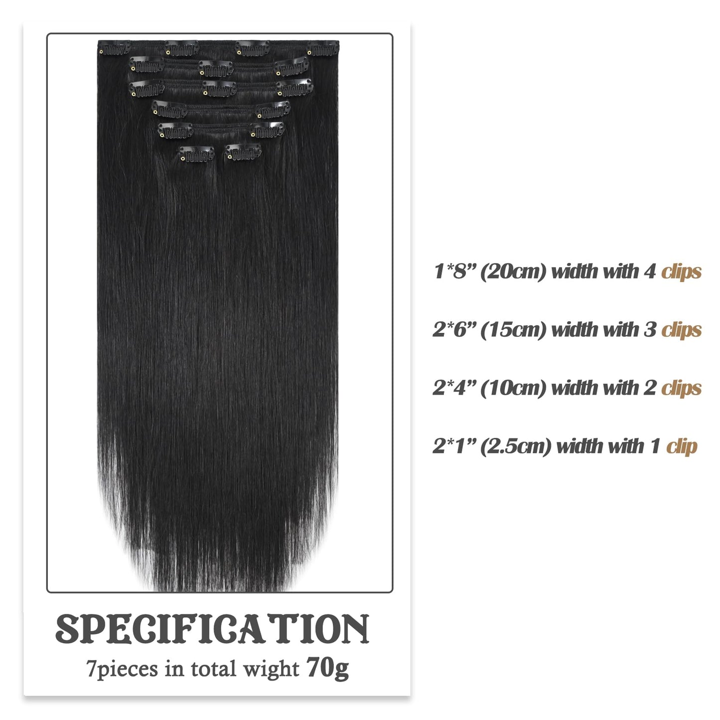 Aison Natural Black Clip in Hair Extensions Real Human Hair 18 Inch 70G/7Pcs Soft Silky Straight 16clips Clip in Human Hair Extensions for Women(18 Inch #1B)