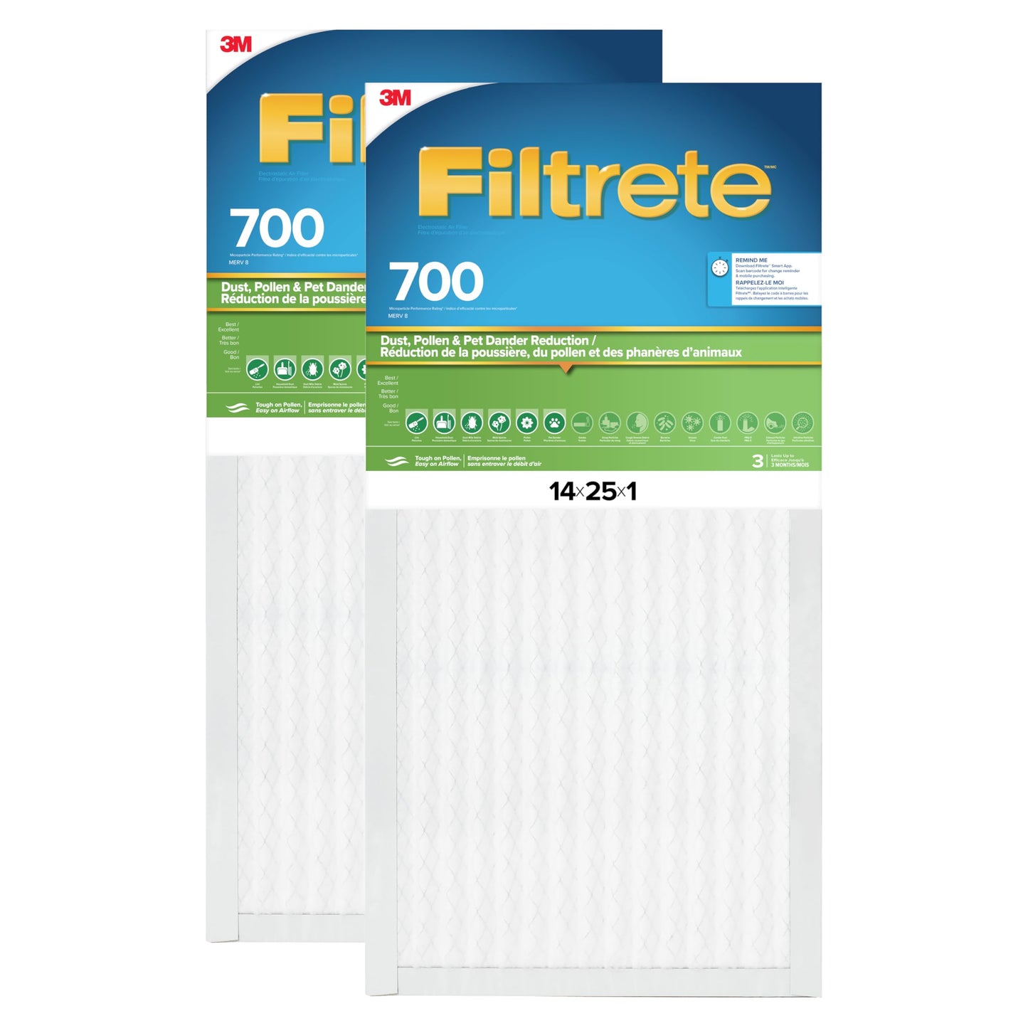 Filtrete 14x25x1 AC Furnace Air Filter, MPR 700, MERV 8, Tough on Pollen, Easy on Airflow, 3-Month Pleated 1-Inch Electrostatic Air Cleaning Filter, 2-Pack (Actual Size 13.81 x 24.81 x 0.78 in)