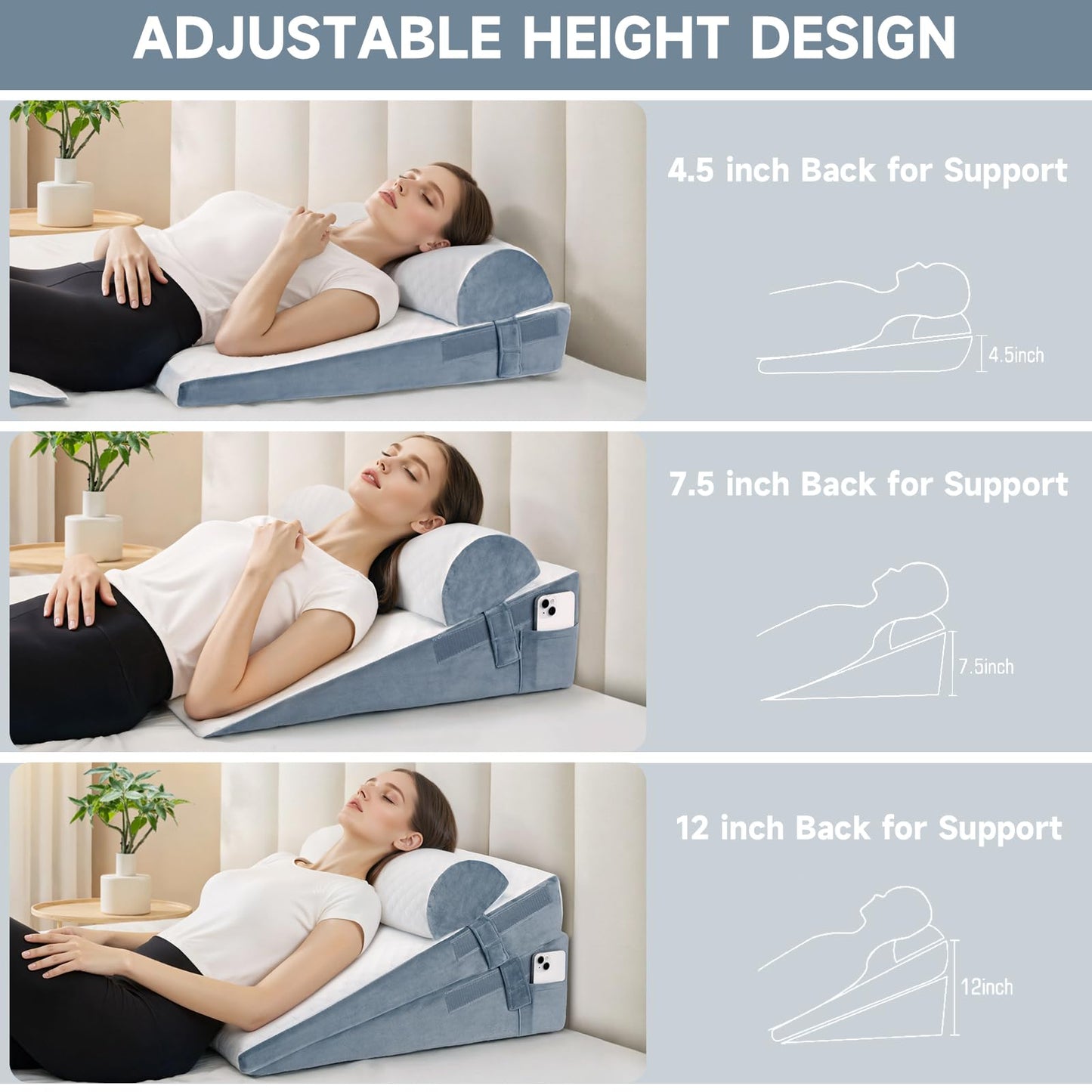 Bed Wedge Pillow for Sleeping, 3 Pcs Adjustable Height 4.5&7.5&12 Inch Triangle Pillow Wedge for Post Surgery, Acid Reflux, Snoring, Legs Pain Relief