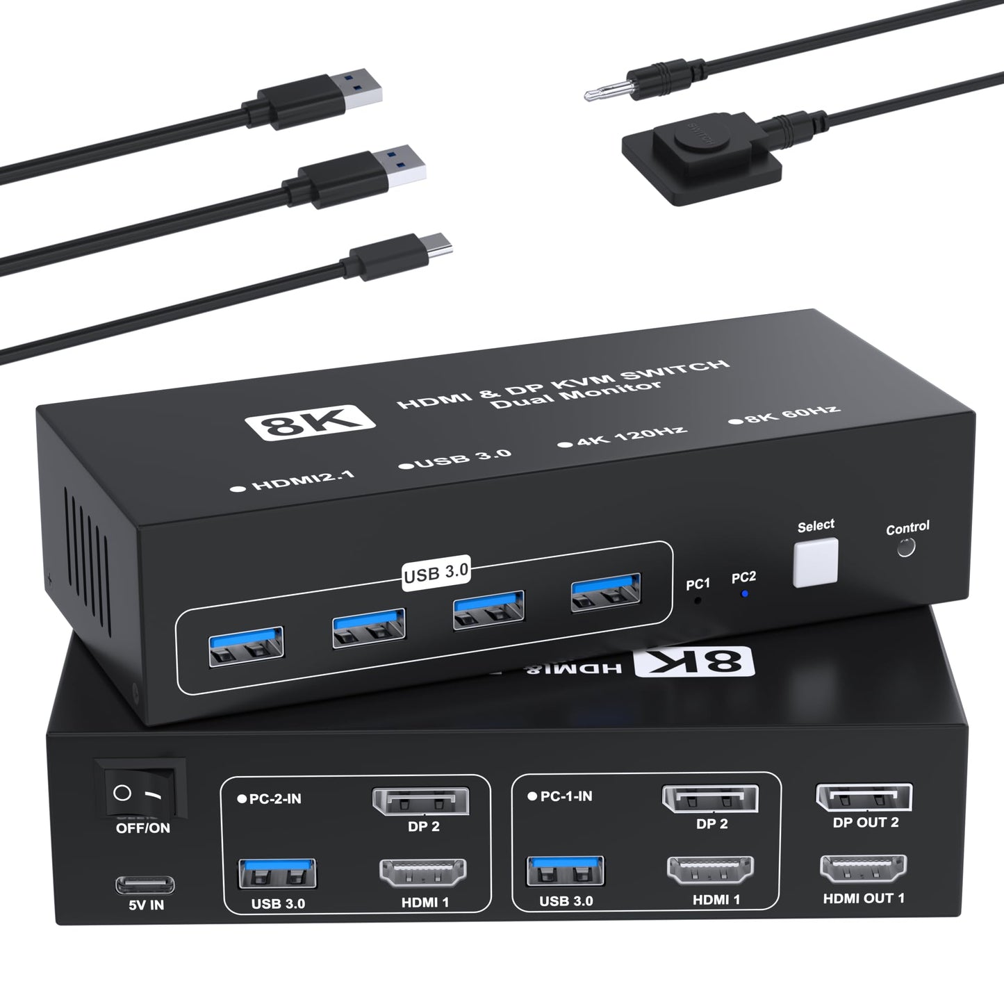8K@60Hz HDMI Displayport KVM Switch 2 Monitors 2 Computers, 4K@120Hz USB3.0 Dual Monitor HDMI KVM Switches Display Port for 2 Computers Share 2 Screens and 4 USB Devices for Keybord Mouse Printer