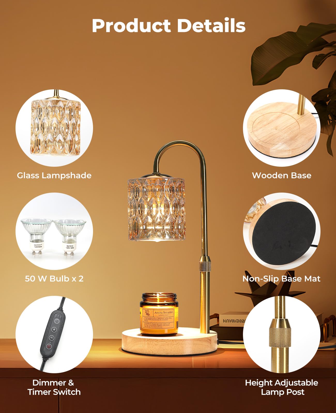 Candle Warmer Lamp, Candle Warmer with Timer and Dimmer, Adjustable Height Electric Candles Lamp with 2 Bulbs for Scented Jar, Wax Melter Lamp for Home Decor, Gifts for Women