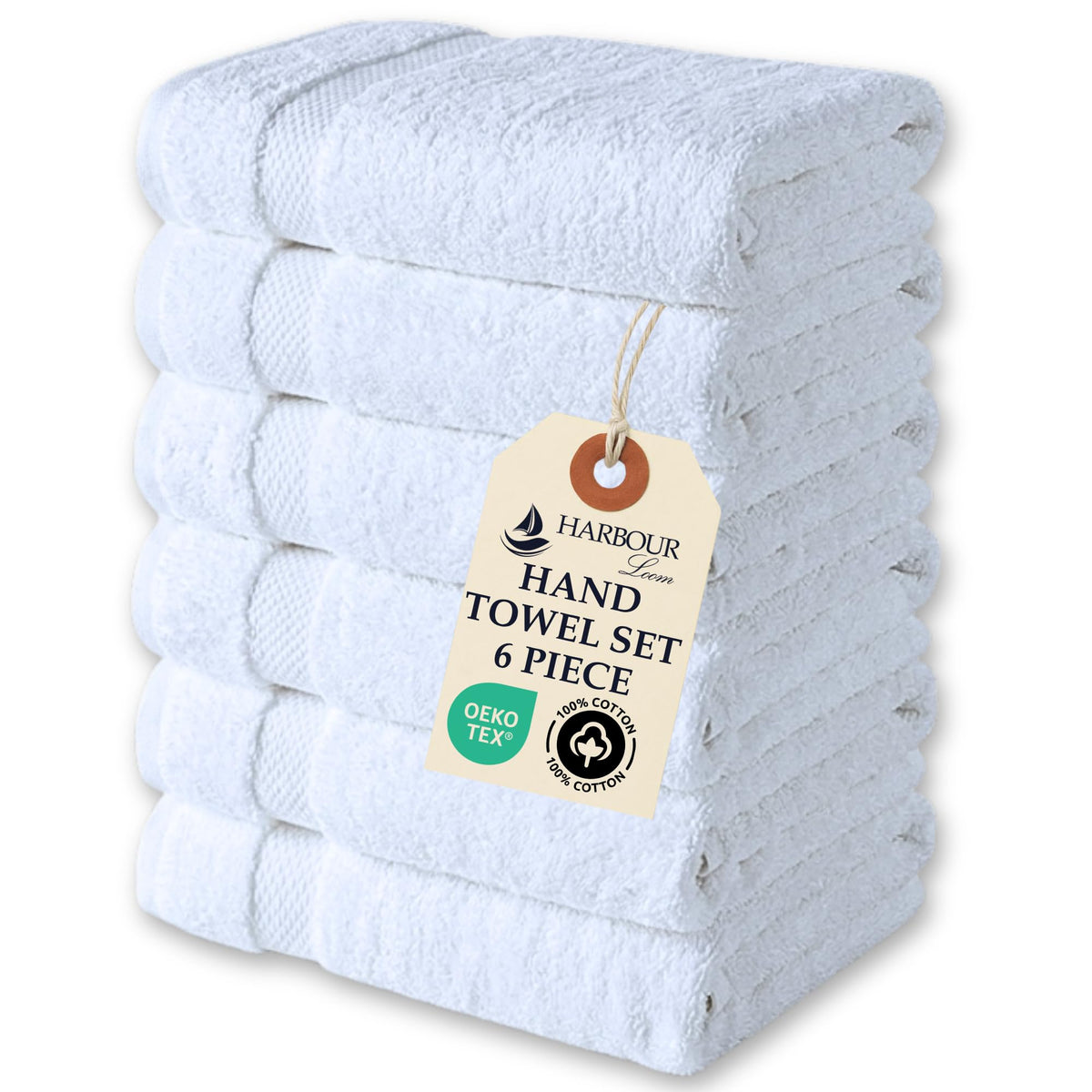 Harbour Loom White Hand Towels for Bathroom - 6 Pack 16x28 - Turkish Cotton - Oeko-TEX Certified Soft Absorbent & Skin-Safe - Luxury Hotel & Spa Quality for Gym & Home Use