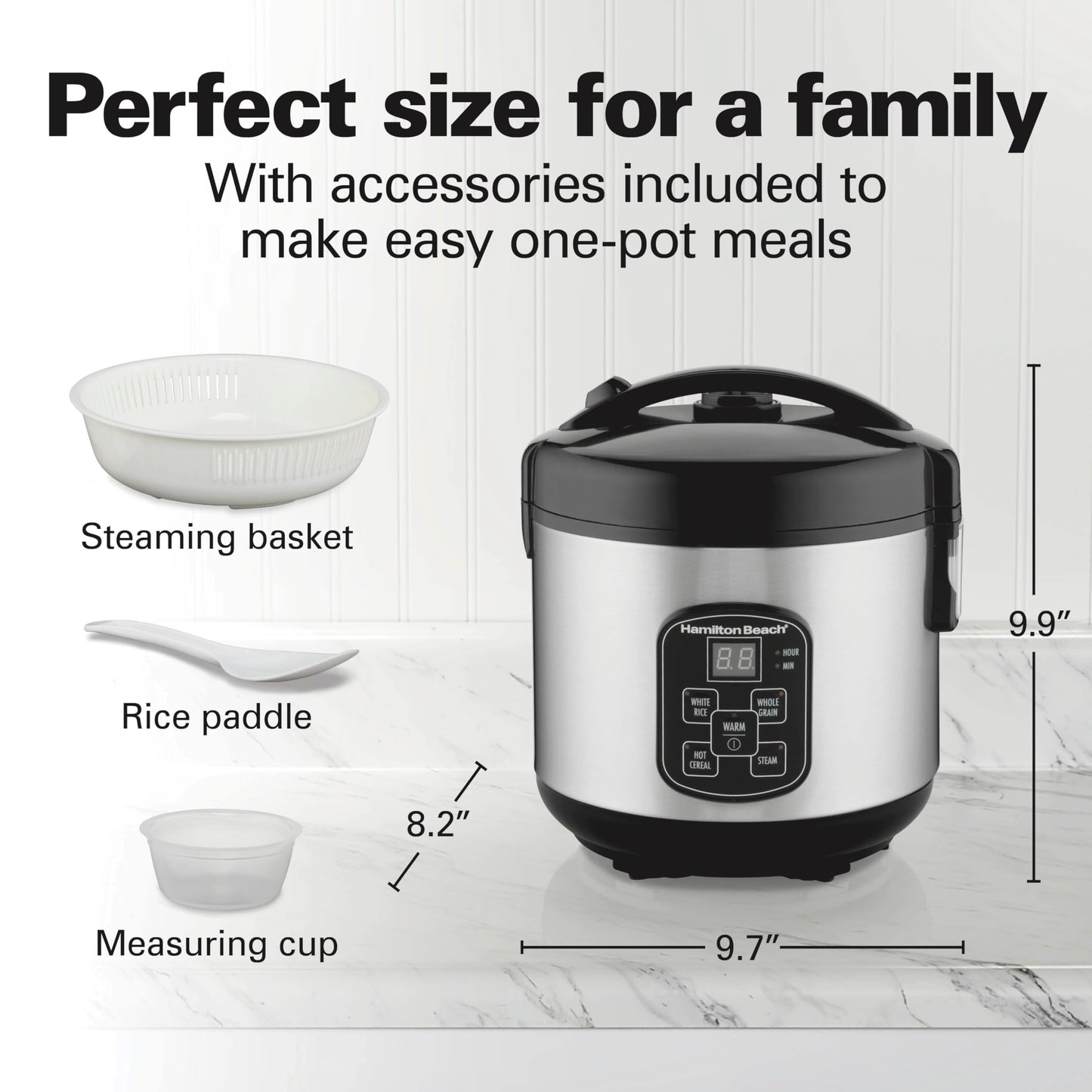 Hamilton Beach Digital Programmable Rice Cooker & Food Steamer, 8 Cups Cooked (4 Cups Uncooked), Stainless Steel, Steam & Rinse Basket, Model 37518MN
