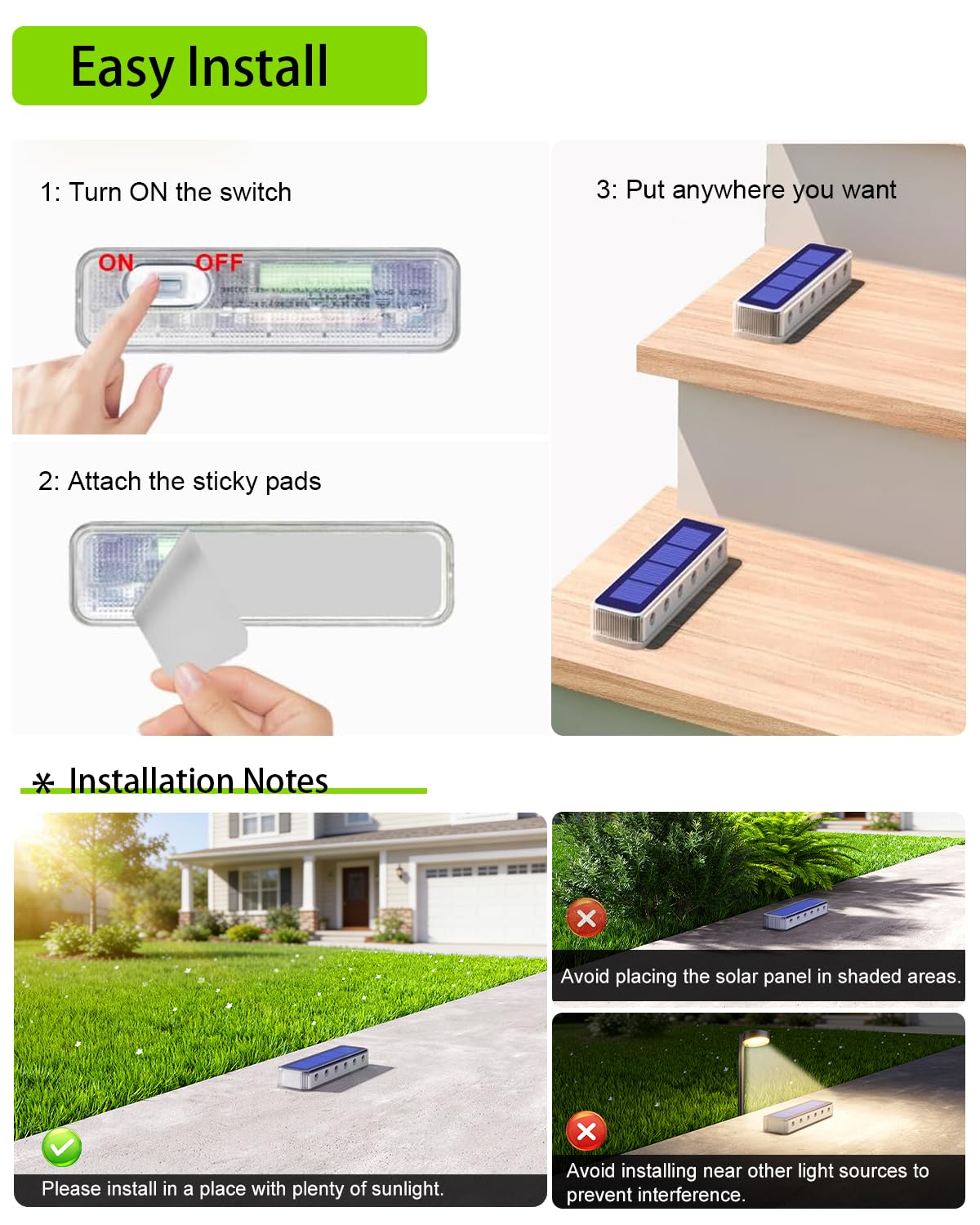 DetarZinLED Solar Step Lights Outdoor 4 Pack, 12 LEDs 2-Sided Illumination Solar Stair Lights Outdoor IP68 Waterproof,Auto On/Off Deck Lights Solar Powered for Patio,Yard,Path,Walkway (Warm White)