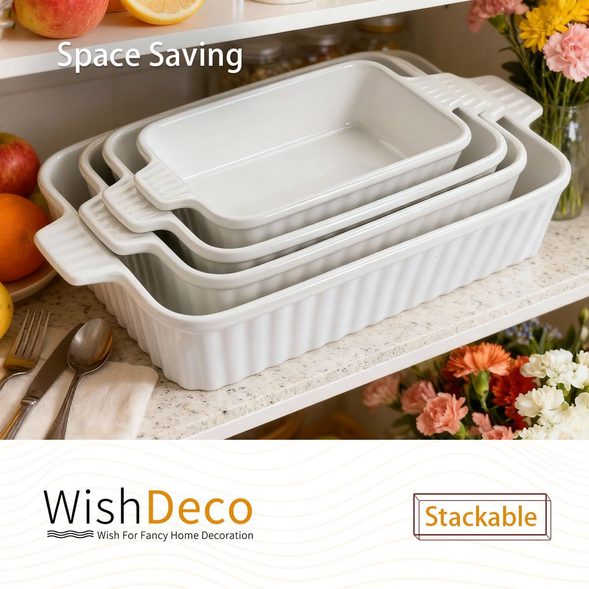WishDeco Ceramic Casserole Dishes Set of 4, Baking Dishes for Oven, Rectangular Lasagna Pan Deep with Handles, White Porcelain Bakeware (15''/12.4''/11''/9.6''), Dishwasher Safe