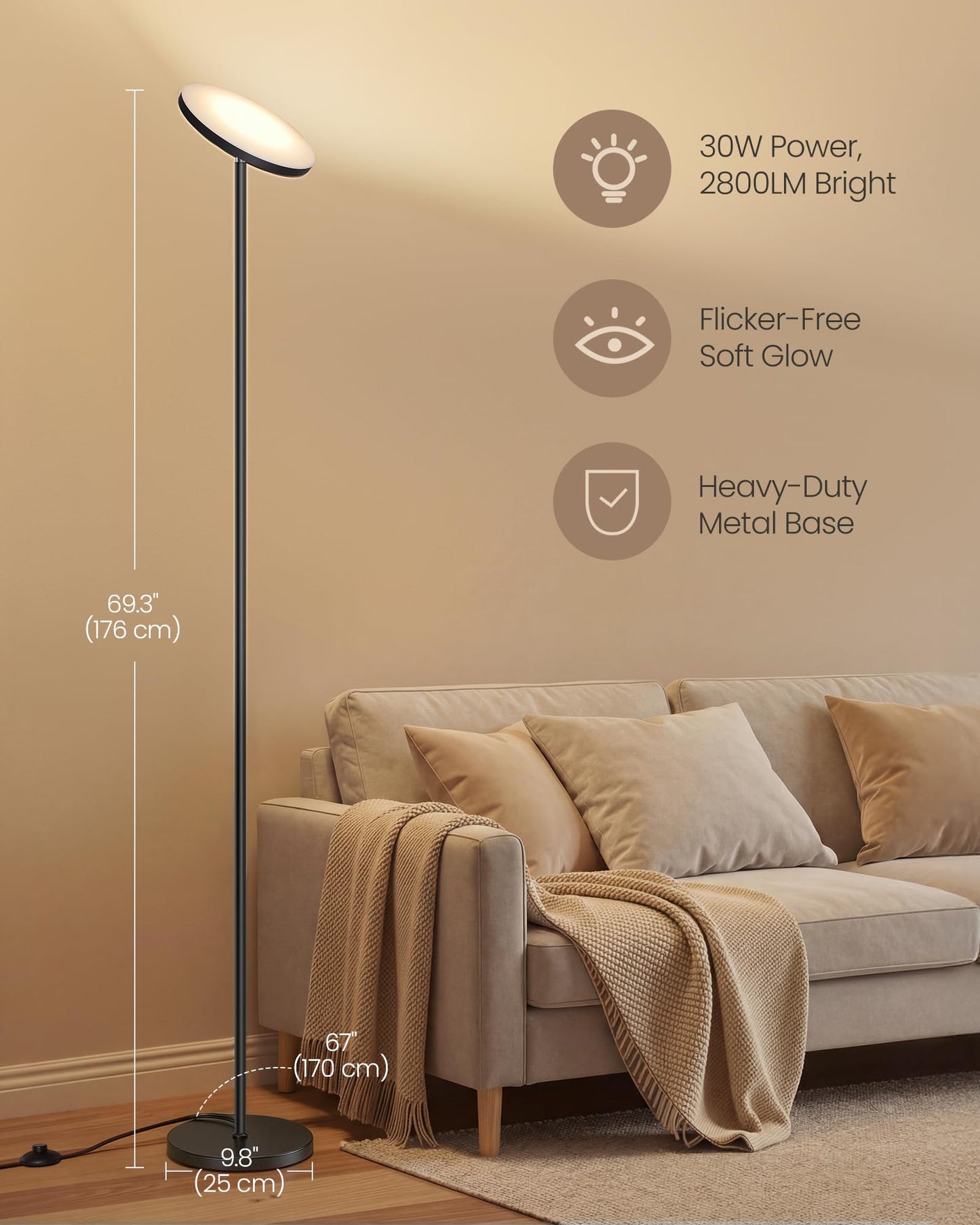 VASAGLE LED Floor Lamp, 30W Standing Lamp with Rotatable Head for Bedroom, Office, Timer and Memory Function, Remote Control, Matte Black ULFL018BD01