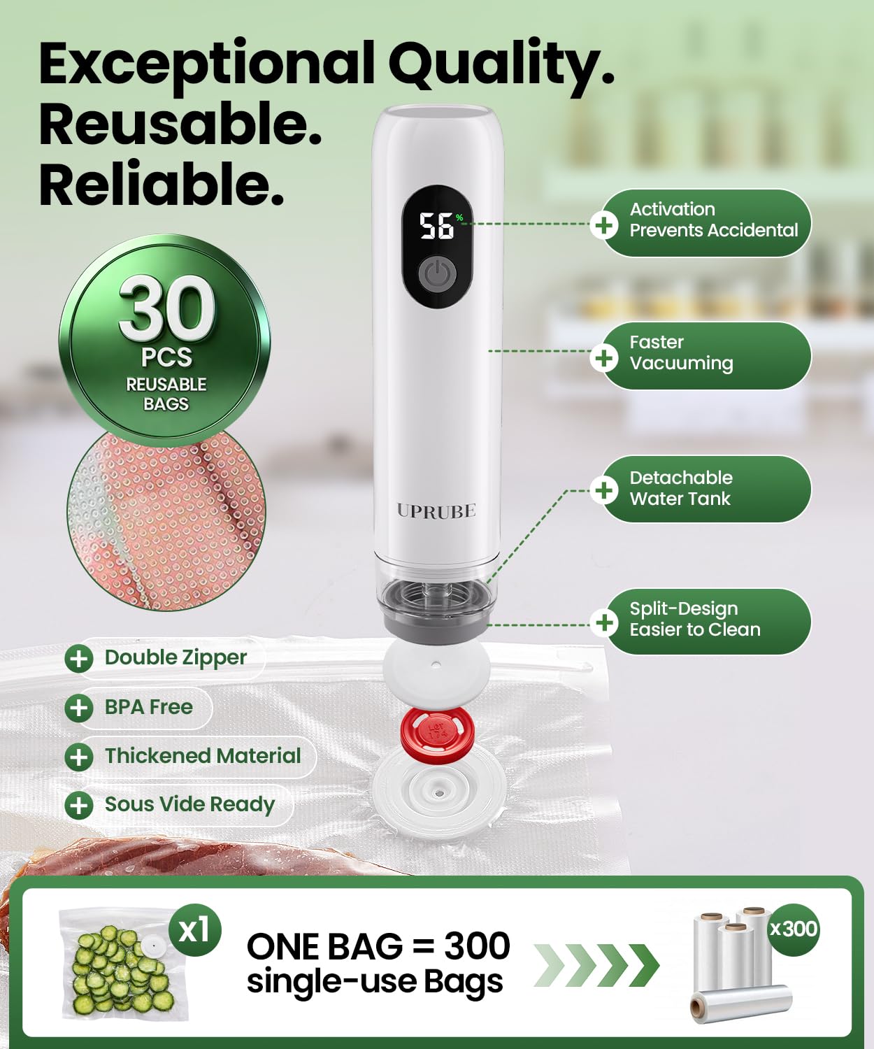UPRUBE Compact Vacuum Sealer for Food (Vacuum Sealer Machine + 30 Reusable Vacuum Bags), Powerful Handheld Food Vacuum Sealer Machine with LED Display & Liquid Drainage Tube, Portable Food Sealer