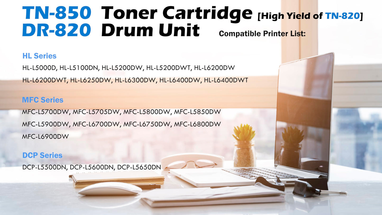 Ultra Toner® Compatible Replacement for Brother TN850 Toner Cartridge & DR820 Drum Unit DCP- L5000D HL-L5200DW L6200DW L6400DW MFC-L5700DW L5800DW L5900DW L6700DW L6800DW L6900DW (TN-850 & DR-820)