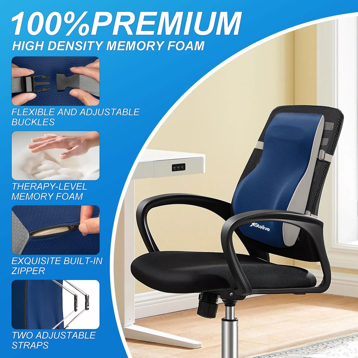 Stelive Ergonomic Lumbar Support Cushion, Orthopedic Memory Foam Back Support Pillow with Breathable Cover & Adjustable Straps for Back Pain Relief & Posture Support in Office, Car, Gaming Chairs