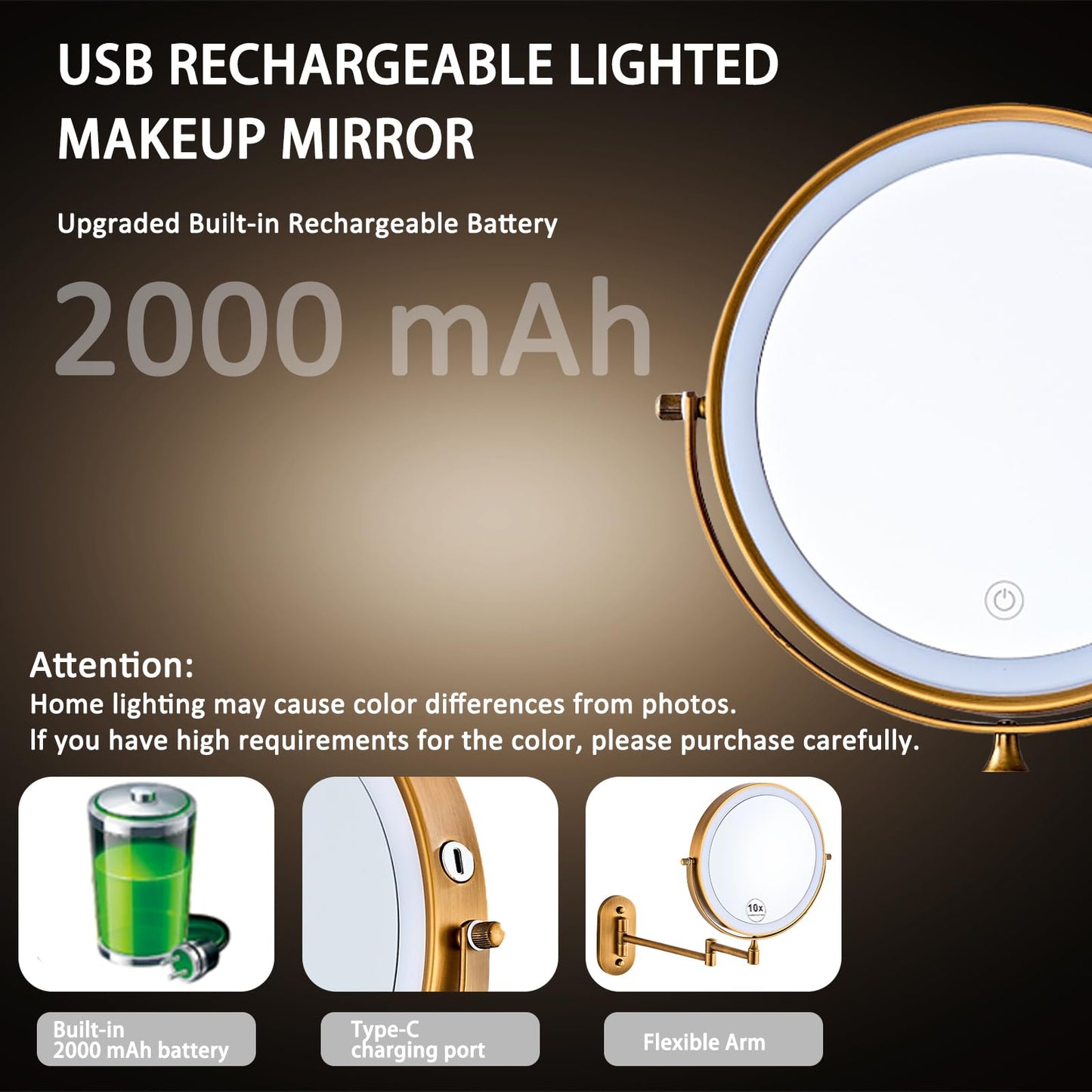 MIROAMZ Rechargeable Wall Mounted Lighted Makeup Vanity Mirror 8 Inch Double Sided 1X 10X Magnifying Bathroom Mirror, 3 Color Lighting, Touch Screen Dimming, 360 Rotation Shaving Mirror