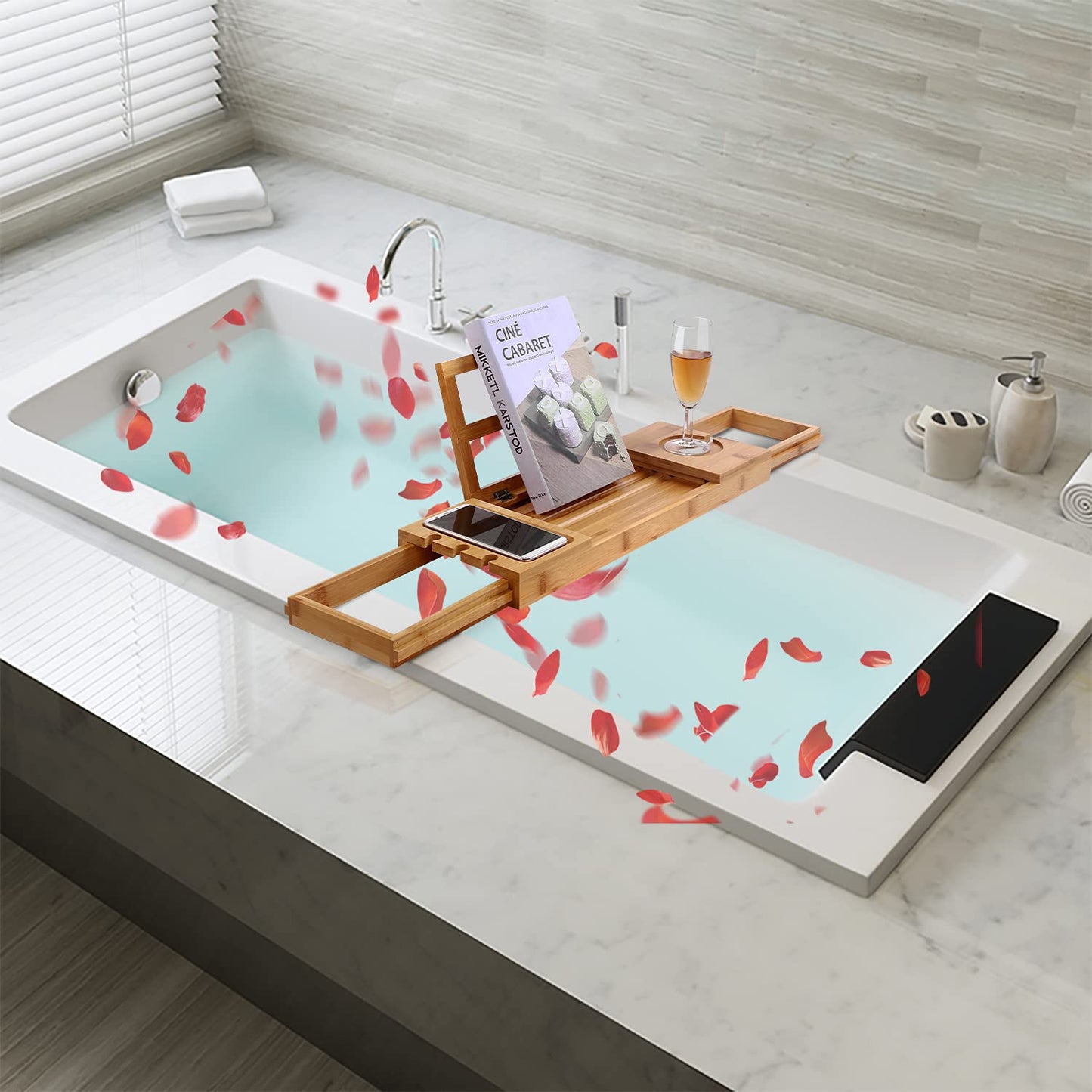 Utoplike Bathtub Caddy Tray, Bamboo Bath tub Tray with Adjustable Arms, Bath Table Holds Books/Tablets/Cell Phone/Towels/Foods (Natural Bamboo)