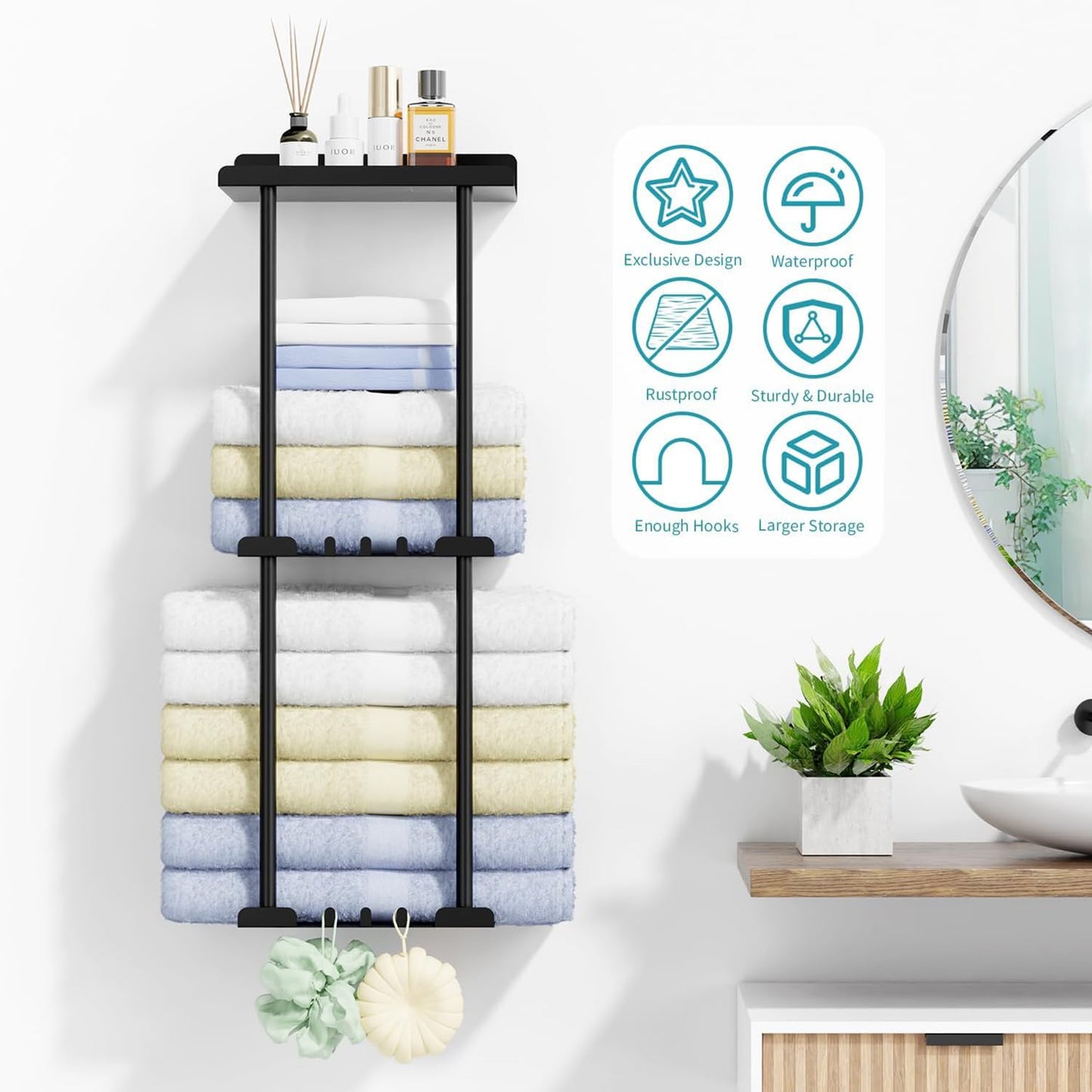 Towel Racks for Bathroom, No Drilling Towel Holder Towel Rack, Towel Storage Wall Mounted, Adjustable Towel Rack Bathroom Storage, Bathroom Towel Holder Towel Shelf for Rolled or Folded Towels, Black