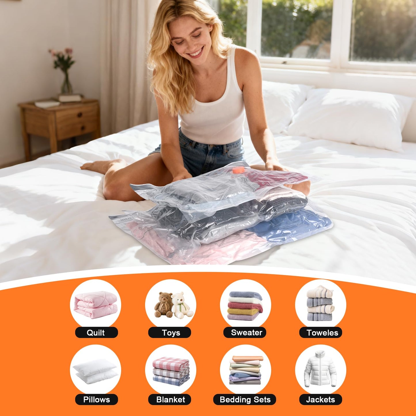 Vacuum Bags for Travel with Rechargeable Air Pump, 12 Pack Compression Packing Bags 80% Space Saver Vacuum Seal Bags for Clothing, Blankets, Comforters, Pillows, Suitcase and Luggage