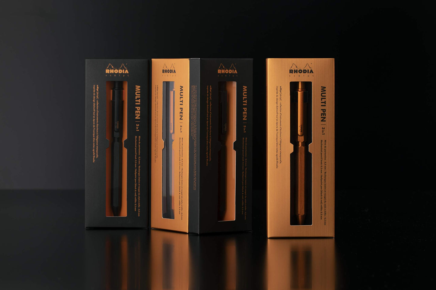 RHODIA 9340C - 3 in 1 scRipt Multipen 2 Ballpoint Pens 0.5 mm Black & Red + 1 Graphite Mechanical Pencil 0.5 mm - Hexagonal Body in Orange Brushed Aluminium - Refillable - Eraser Under the Push Button
