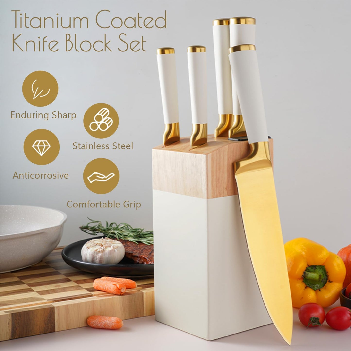 Gold Knife Set, 6 Pieces Titanium Coated Knife Block Set with Pink Wood Block, Ultra Sharp Stainless Steel Chef Knife Sets for Kitchen Built-in Sharpener, Kitchen Accessories and Decor (White)