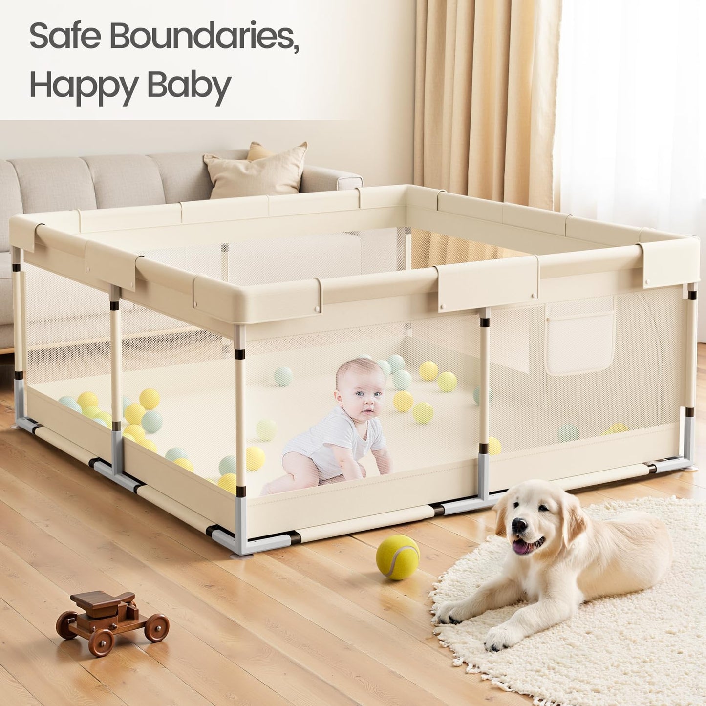 Mloong Baby Playpen for Toddler Beige - 47x47 Play pen for Babies and Toddlers,Beige Baby Play Yard,Fence Play Area Activity Center,Corral Para Bebé