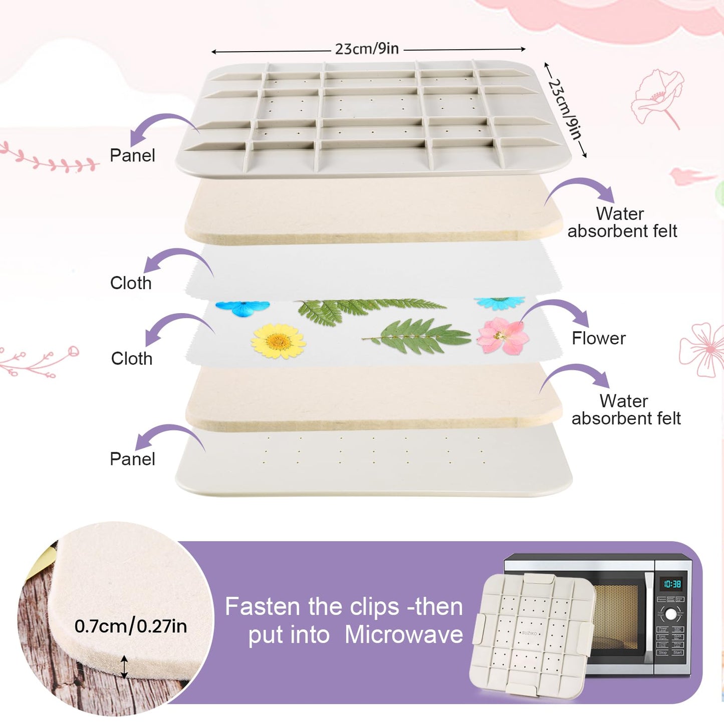 Suziko Quickly Dry Flowers 9 '' (23cm) Large Microwave Flower Press for Press Flowers&Leaves and Making Pressed Flowers with Photo Frame