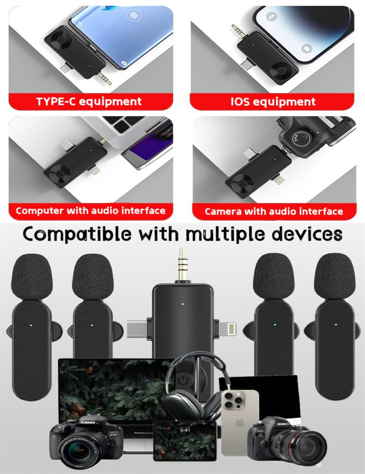 Jijikomore 3 in 1/Four in one Wireless Lavalier Microphone for iPhone,iPad,Android,Camera,Computer,mini Noise Reduction Recording Mic Ultra-Low Delay,for Vlog/TikTok/YouTube Live Stream (4 Mic)