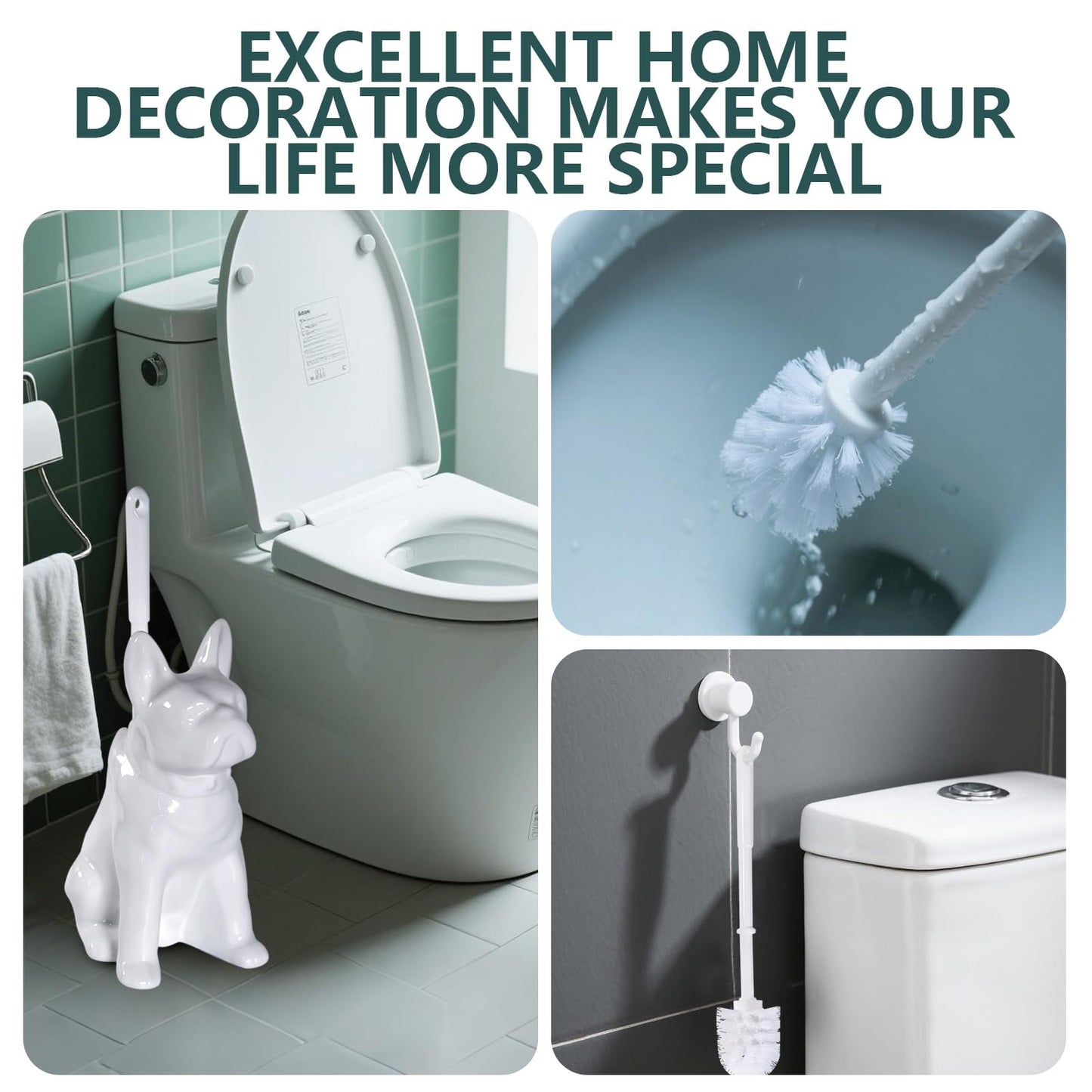 Toilet Brush Holder Set for Bathroom Cute Dog Base Solidly Toilet Bowl Brush Holder and Decorative Bathroom Ceramic Cleaning Kit with Brush and Holder (White)