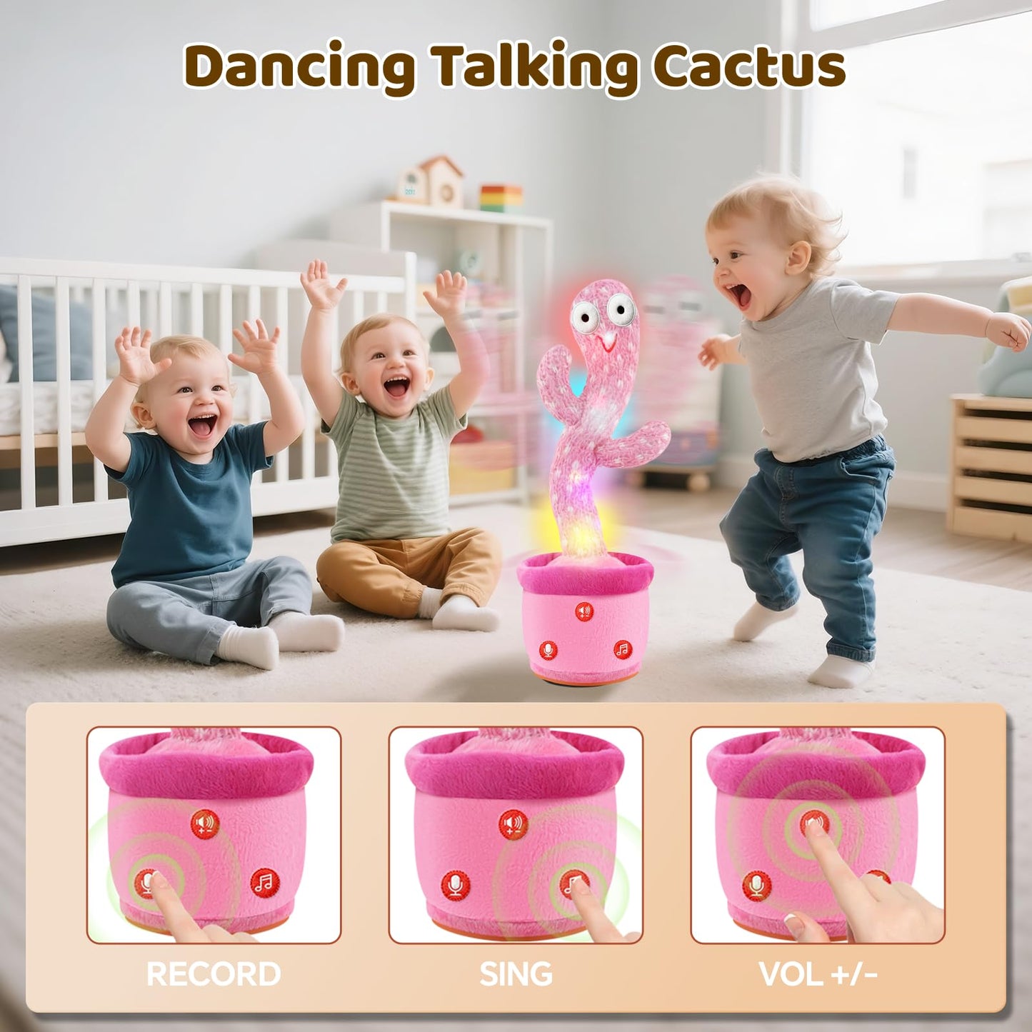 SANJOIN Rechargeable Dancing Talking Cactus Toy for Toddlers 18 Months+, Baby Girl Toys with Volume Adjustable, Mimicking, Recording and Singing, Baby Girl Gifts, Easter Basket Stuffers for Girls Boys