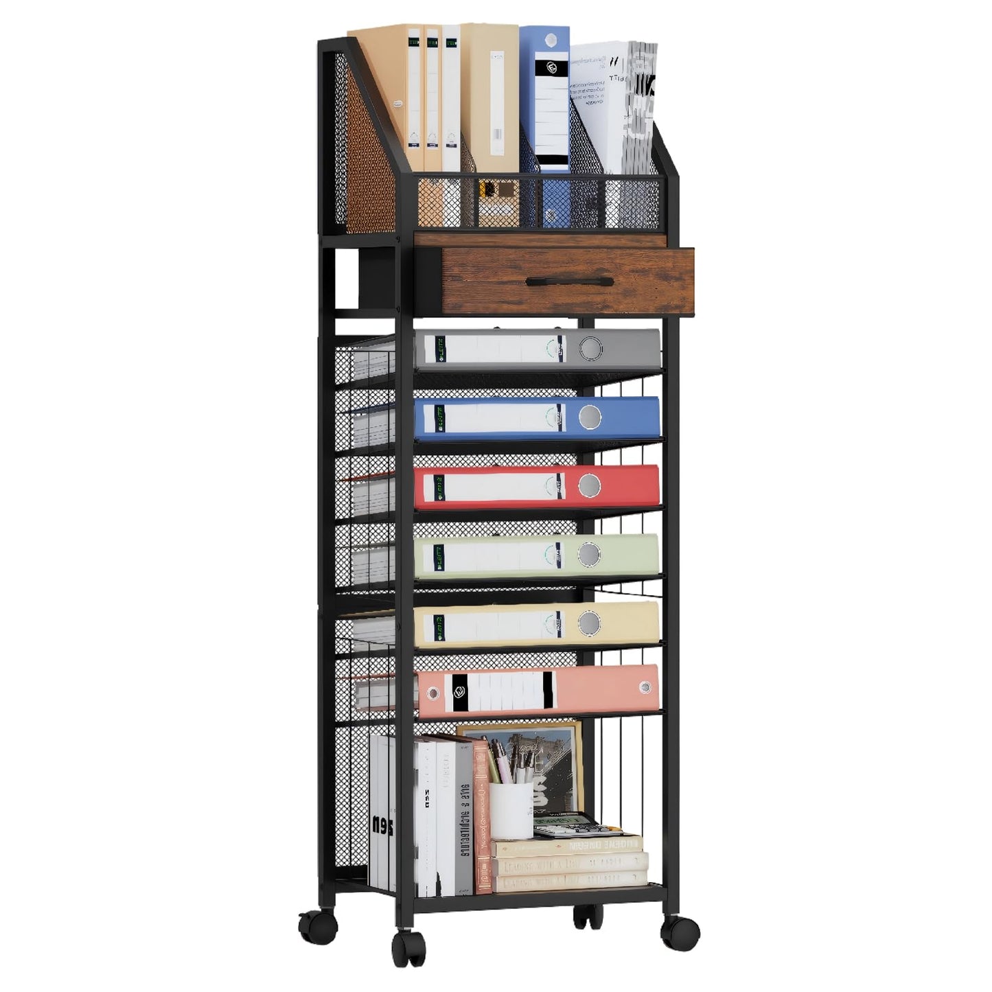 SWTYMIKI Rolling Cart Storage Organizer - 9-Tier Utility Cart with Drawer and Trays, Wood Office Desk Organizer, Office Organization and Binder Storage for Workspace, Home, School, Espresso