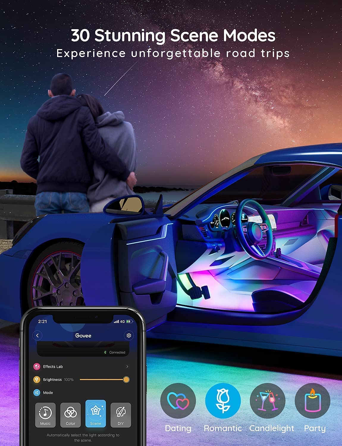 Govee RGBIC Car LED Strip Lights, Smart Interior Car Lights with 4 Music Modes, 30 Scene Options and 16 Million Colors, APP Control Car LED Lights, 2 Lines Design Car Lights for Cars, SUVs, DC 12V