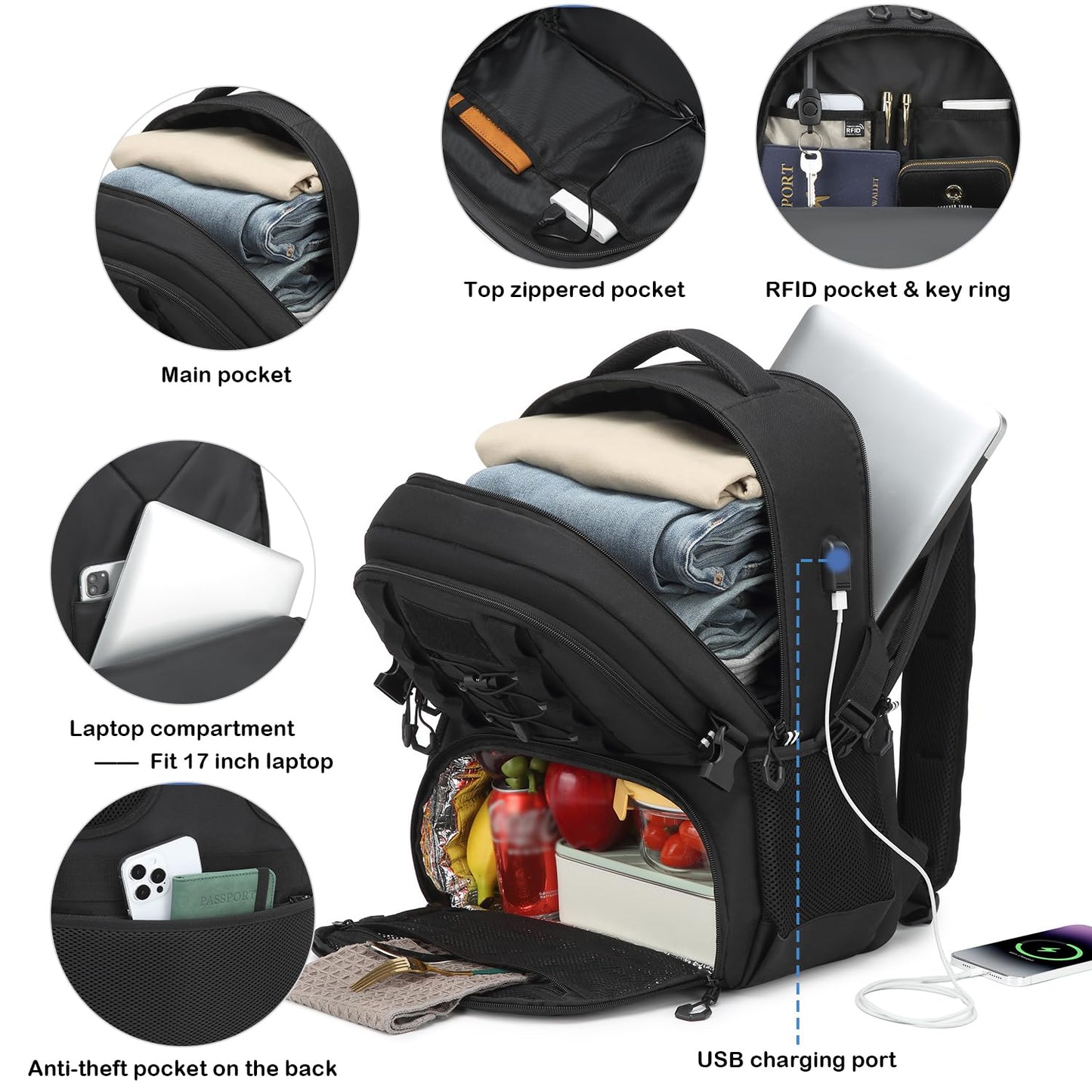 Laptop Lunch Backpack for Men - 40L Work Backpack with Lunch Compartment and USB Post for Work, Travel, Picnic