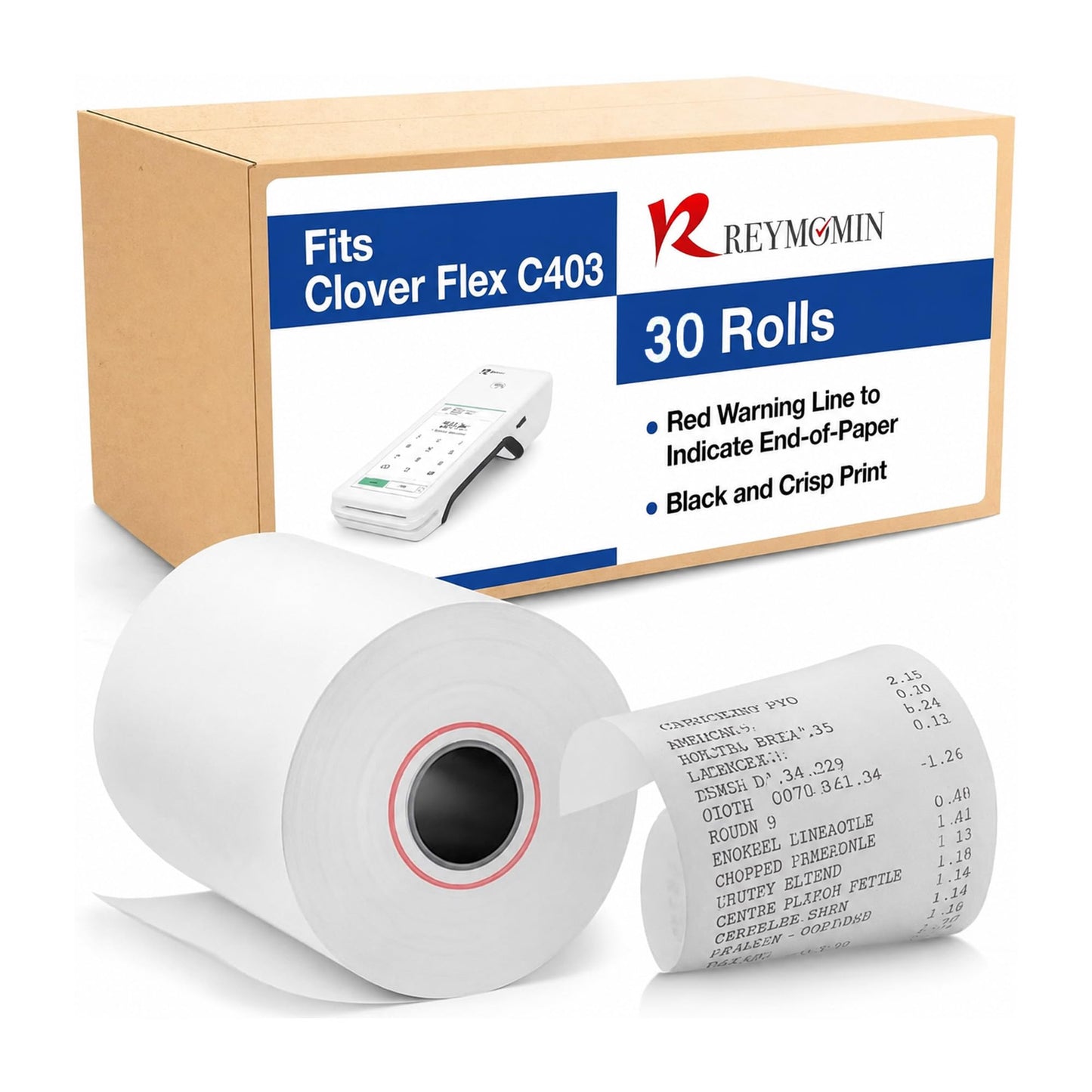 Clover Flex Paper Rolls - 30 Rolls - 2 1/4'' x 50’ - 55 GSM - Credit Card Clover Flex Receipt Paper for C401, C403, C405, C406